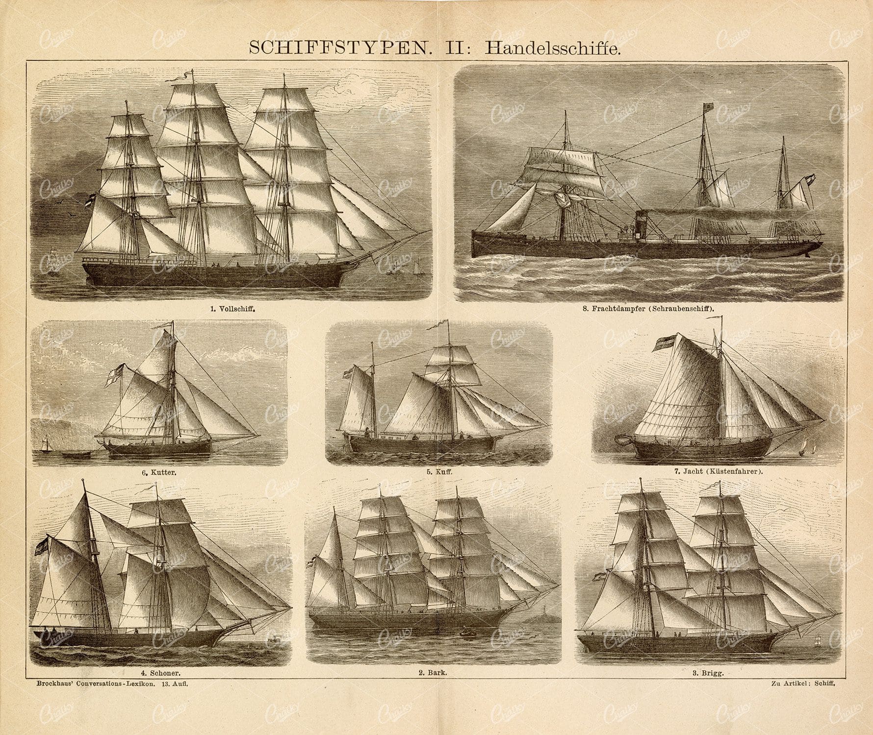 SHIP Types - Merchant Ships - Old German Encyclopedia 1882 Print