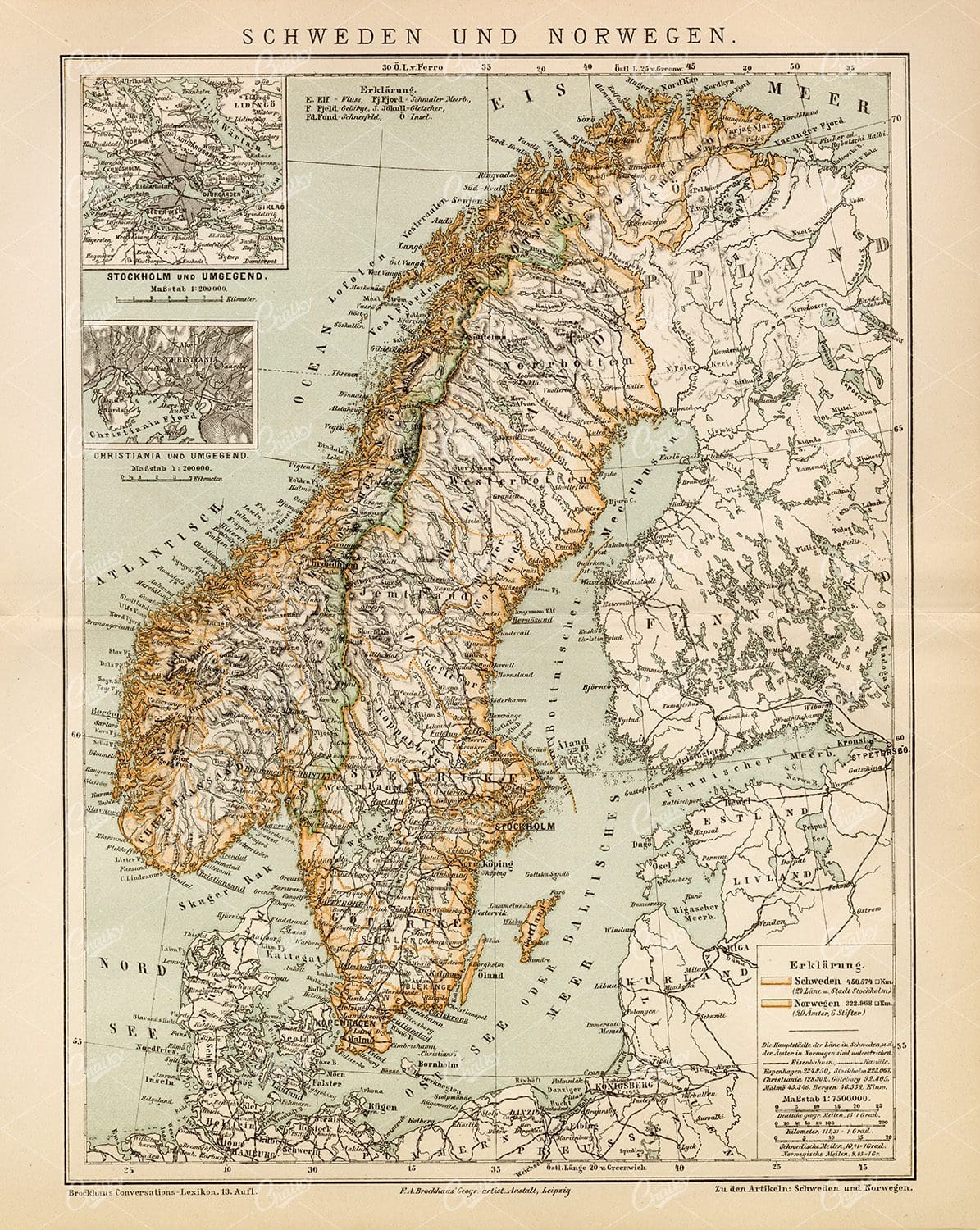 VINTAGE Map of Sweden and Norway - Old 1882 Encyclopedia Print