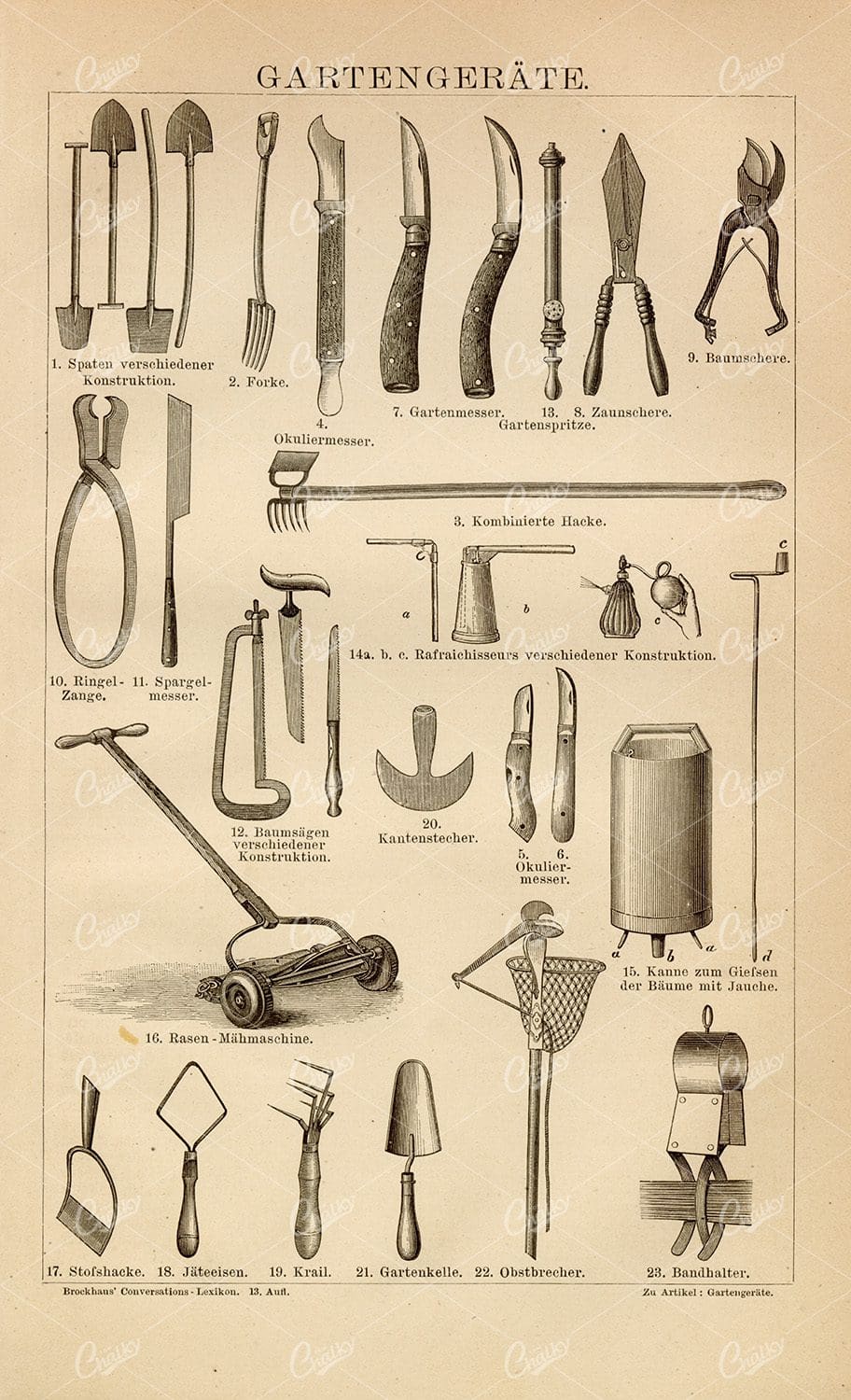 VINTAGE 1882 Print of Garden Equipment - Fruit Breaker, Tape Holder