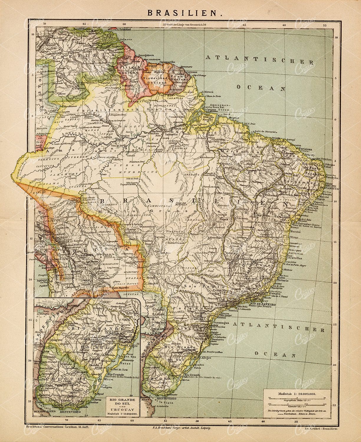 VINTAGE Map of Brazil -  Old German Encyclopedia 1882 Print