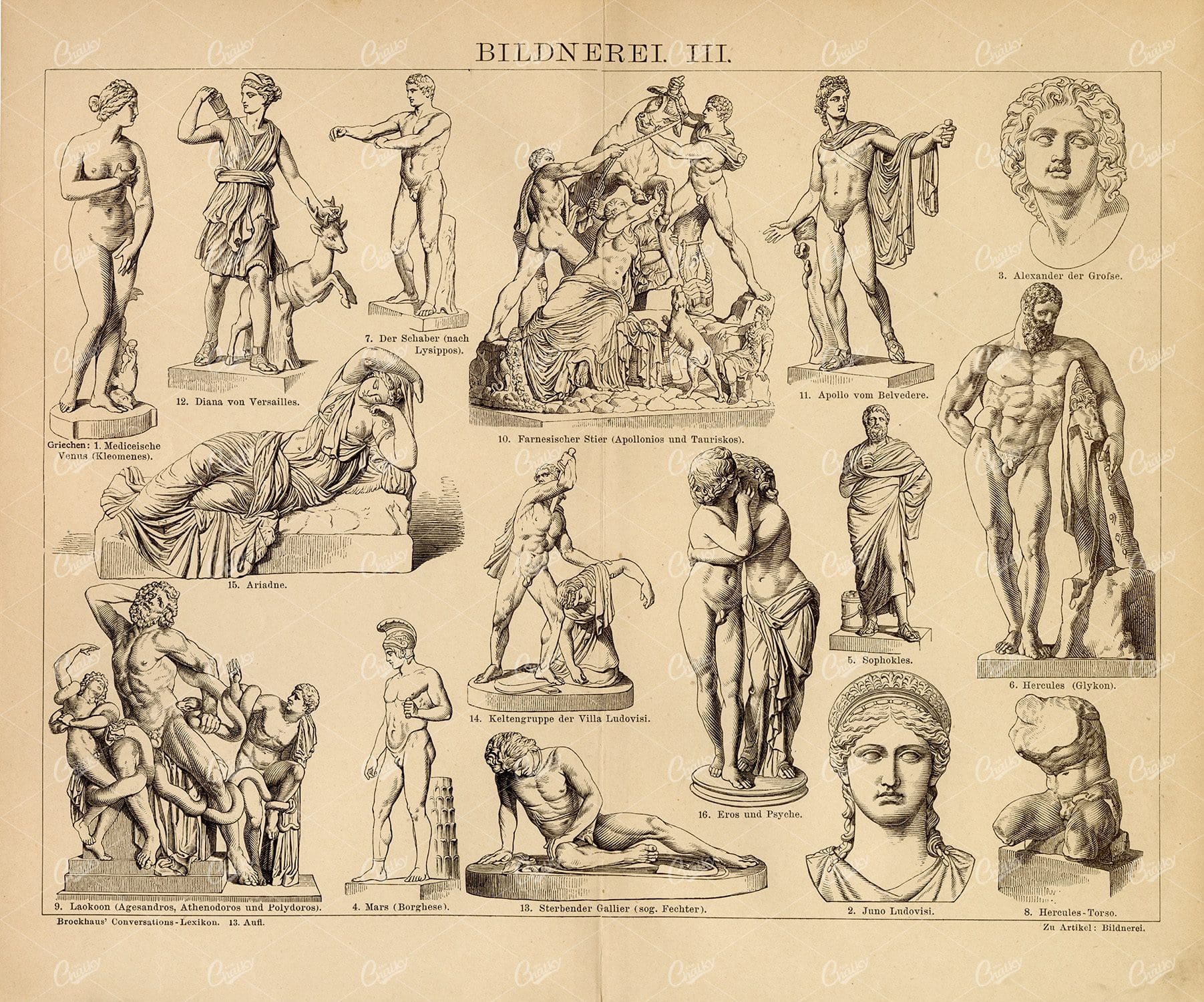 SCULPTURE - Vintage 1882 Print - Hercules, Venus, Apollo, Ariadne