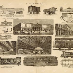 ANTIQUE Old German Encyclopedia 1882 Print - Railways