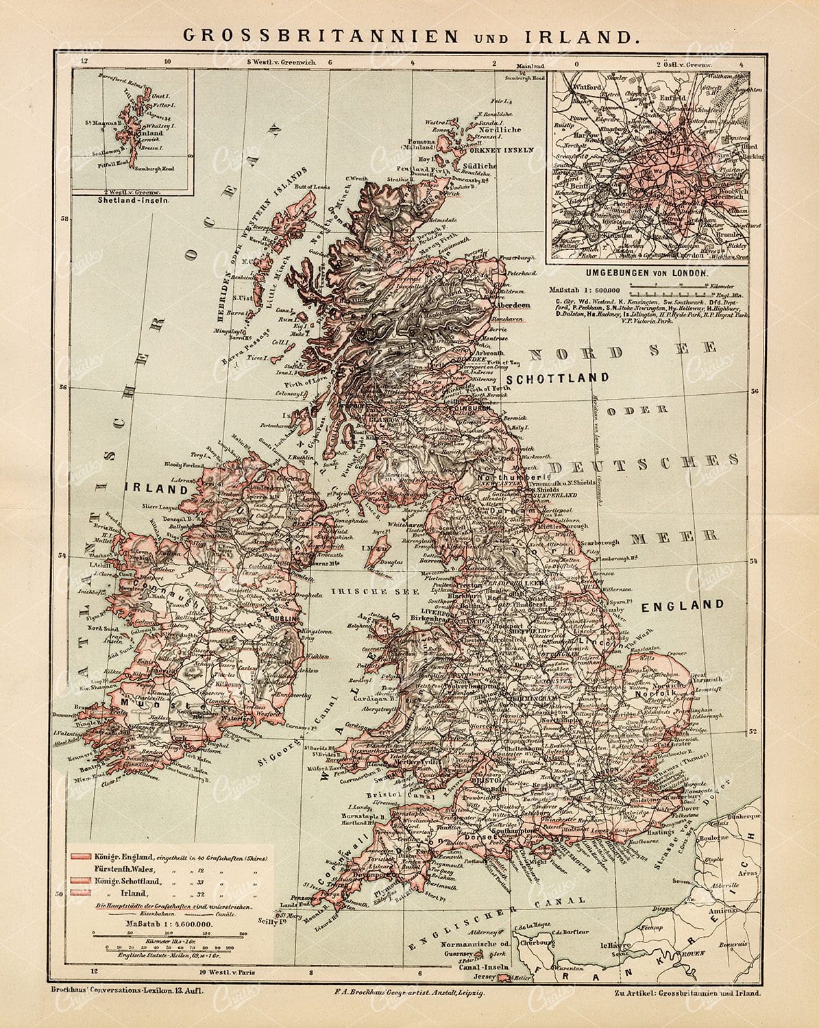 ANTIQUE Map of Great Britain and Ireland - Old Encyclopedia Print