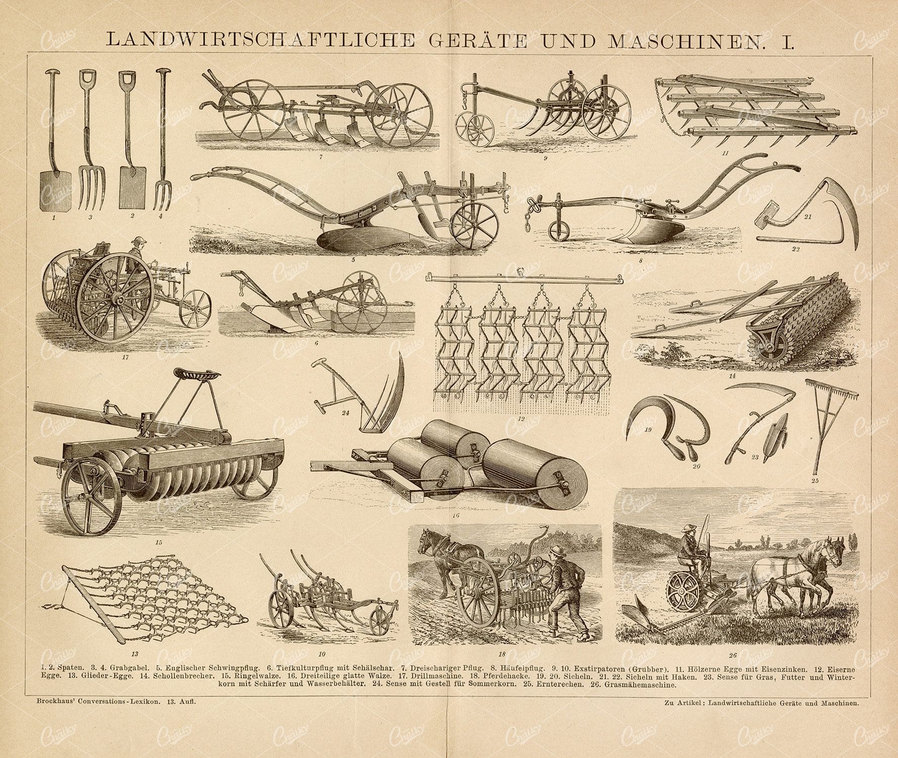 VINTAGE 1882 Print - Agricultural Implements and Machines