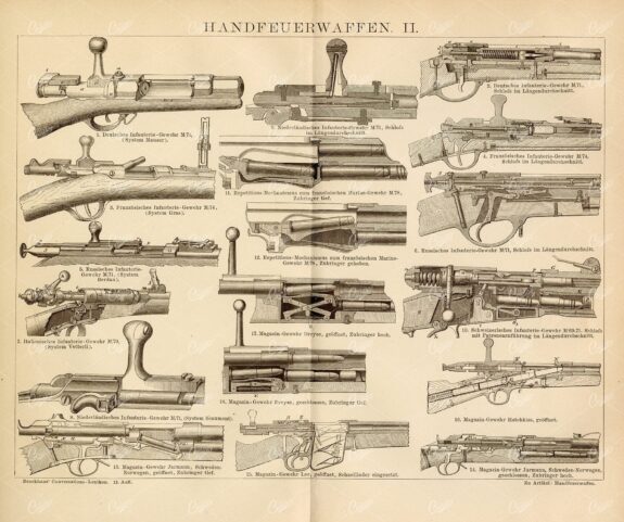 HANDGUNS  - Antique 1882 German Encyclopedia Print
