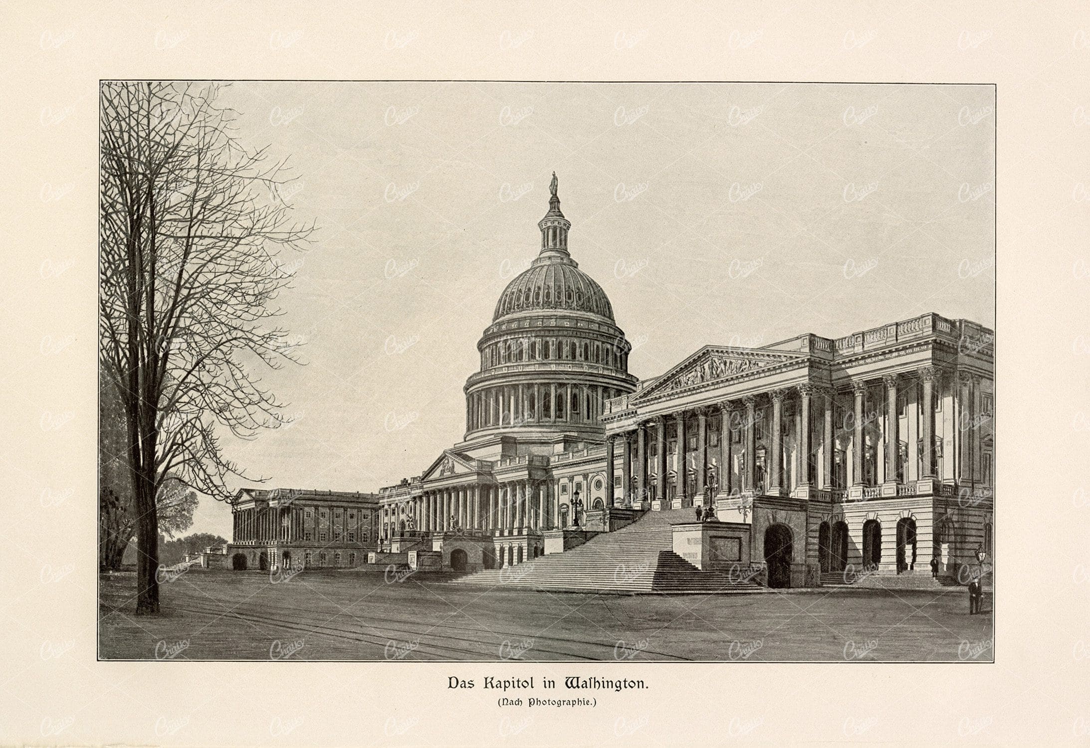 VINTAGE German Print of The Capitol in Washington - Antique 1877