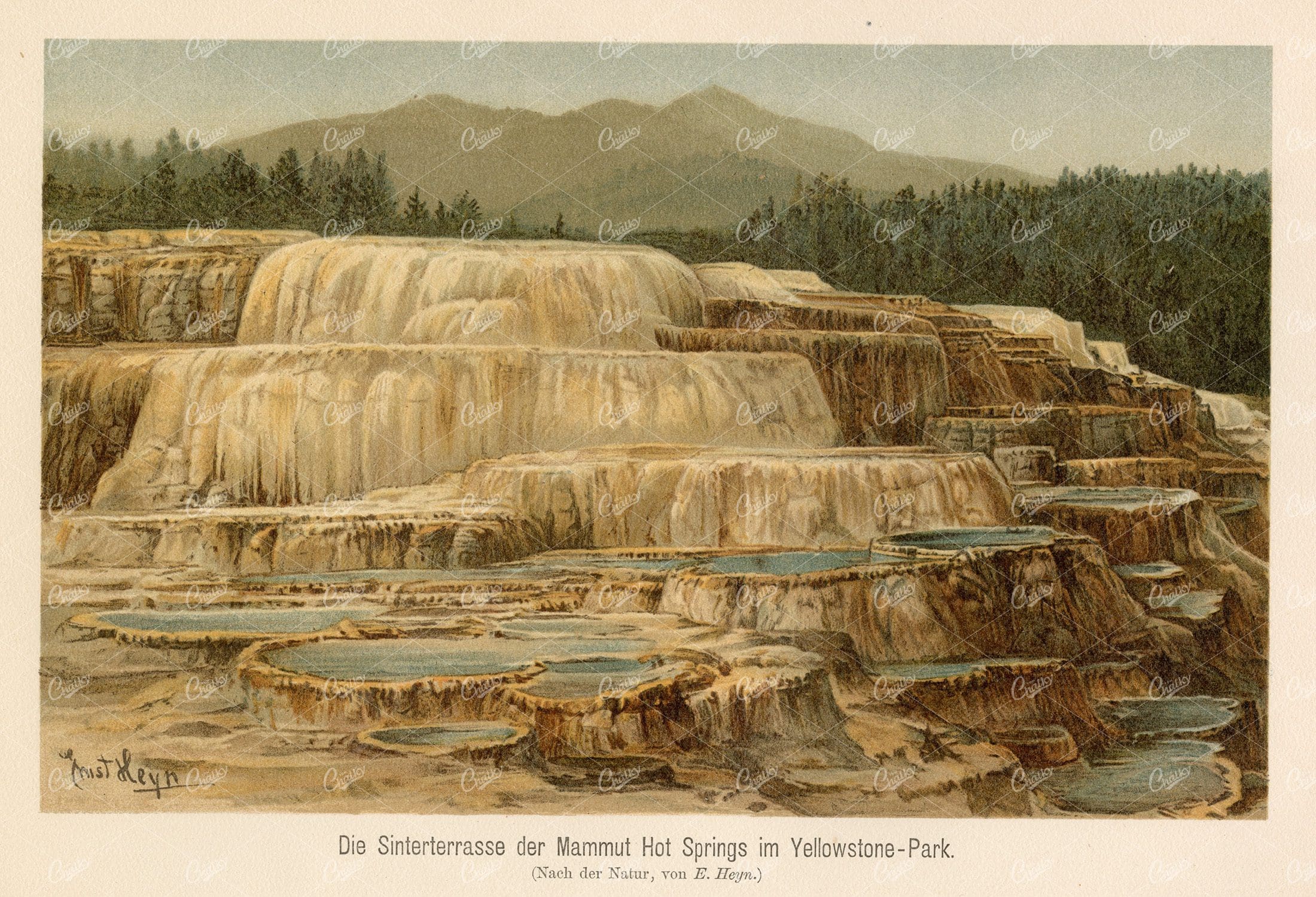 ANTIQUE Print 1877 - Mammoth Hot Springs in Yellowstone Park