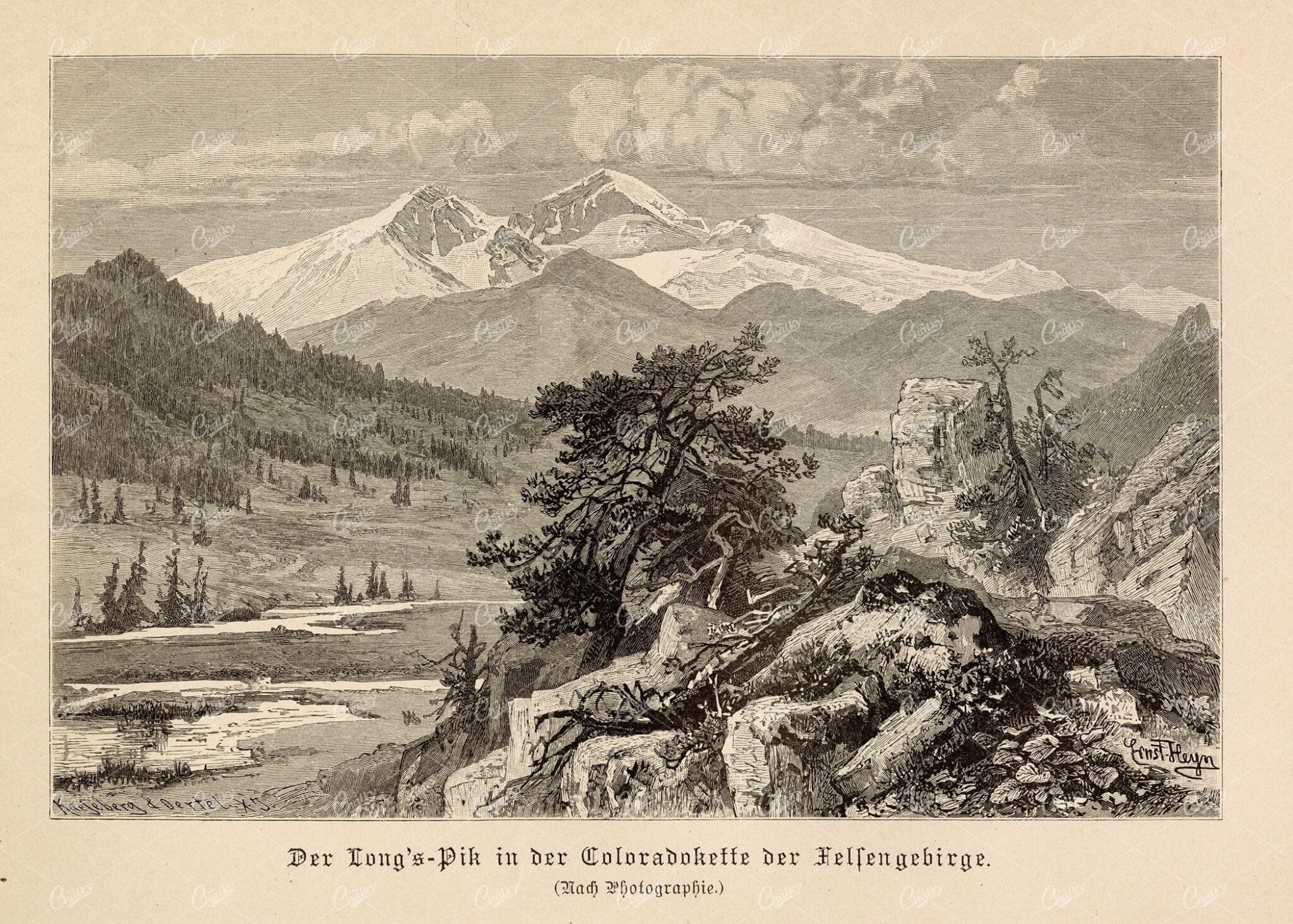 ANTIQUE Landscape Print 1877 - Longs Peak, Colorado
