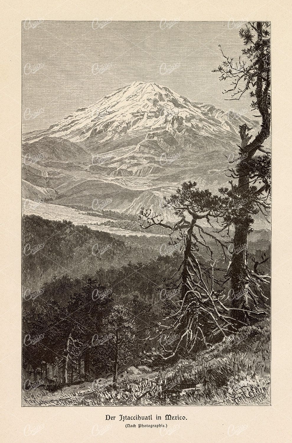 VINTAGE Landscape Print - Iztaccihuatl Volcano in Mexico