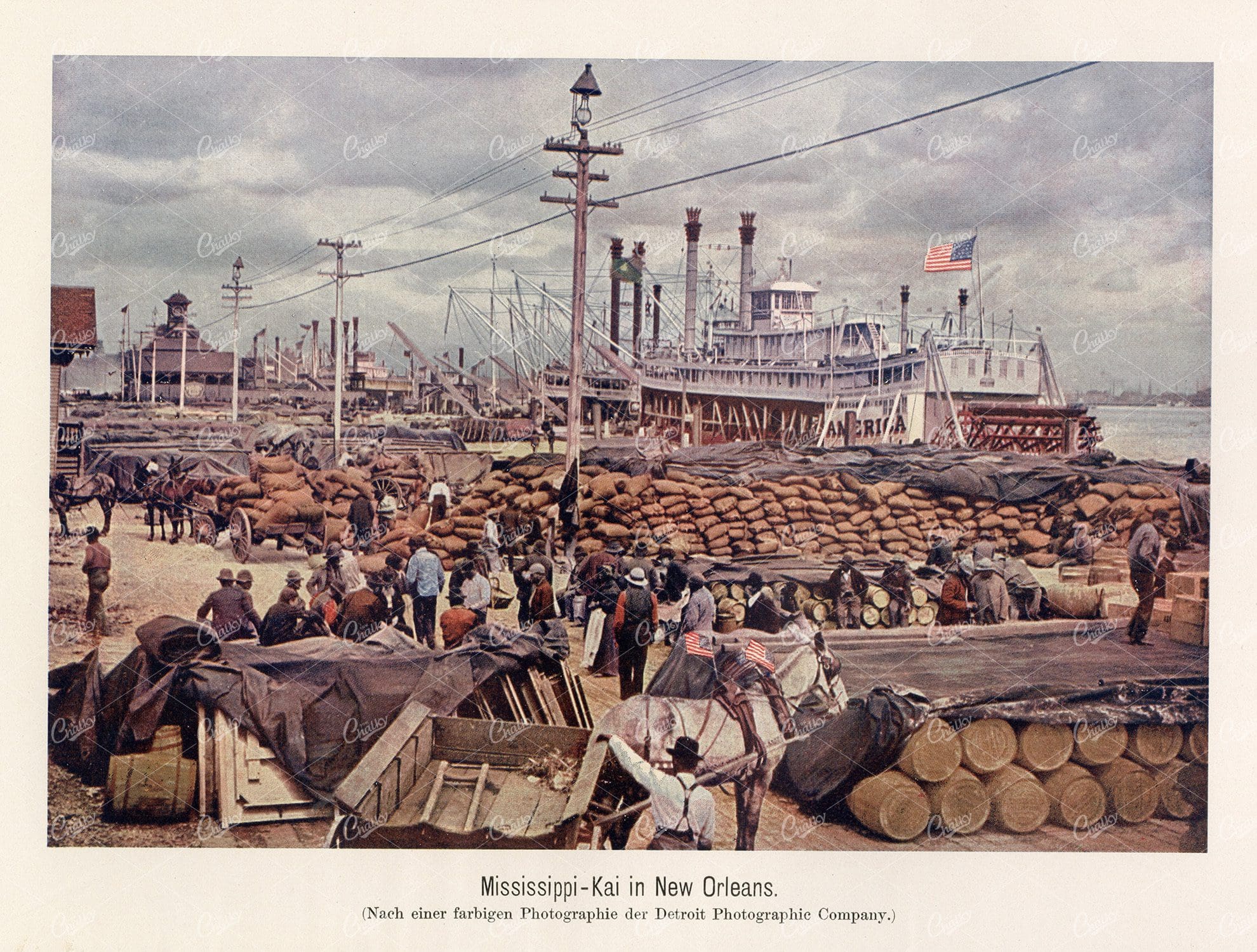MISSISSIPPI QUAY in New Orleans - Vintage German Print 1877
