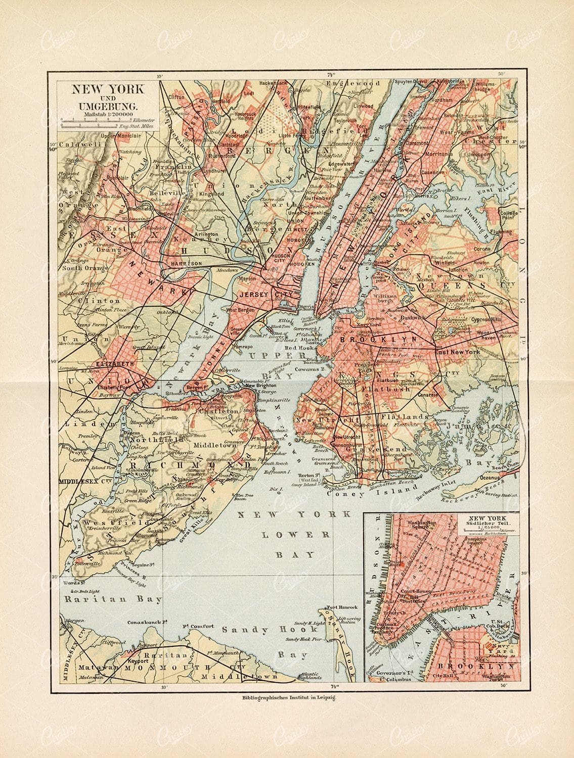 VINTAGE Map of New York and its Surroundings - Antique 1877 Print