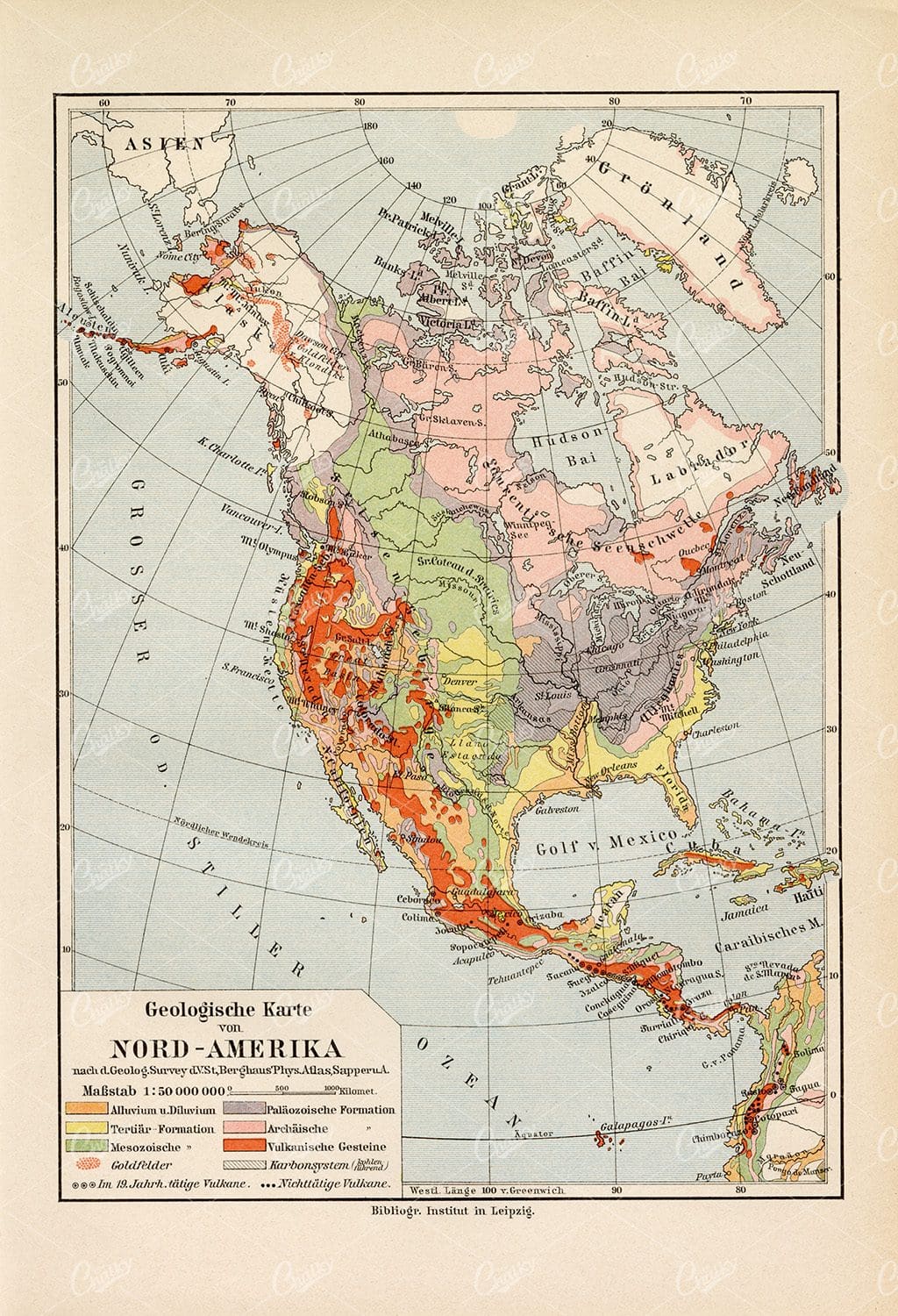 VINTAGE Map of North America - Antique German Print 1877