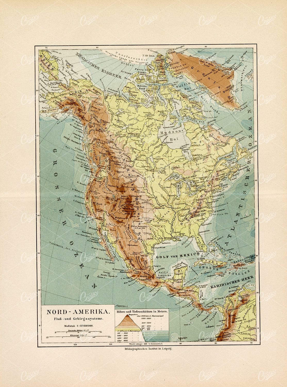 VINTAGE Map of North America - Antique German Print 1877