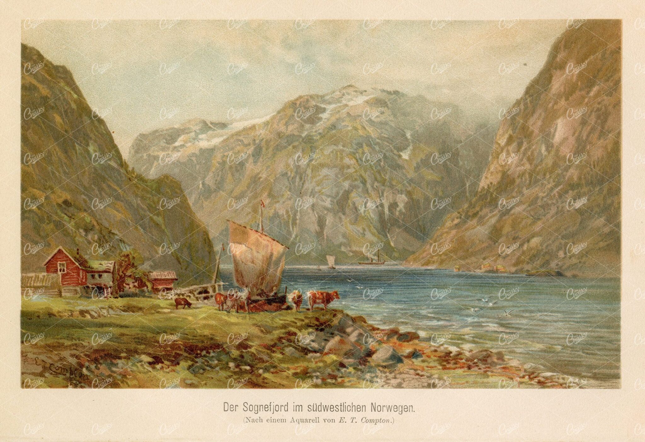NORWAY'S Epic Sognefjord - Antique Coloured Print  - Vintage 1877