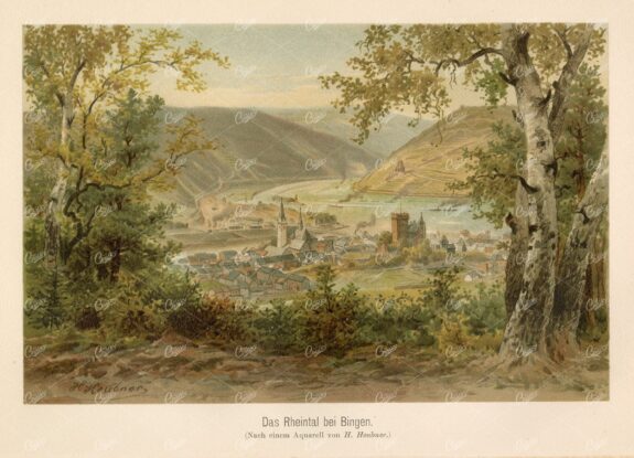 ANTIQUE Print - Panoramic View of the Rhine Valley near Bingen