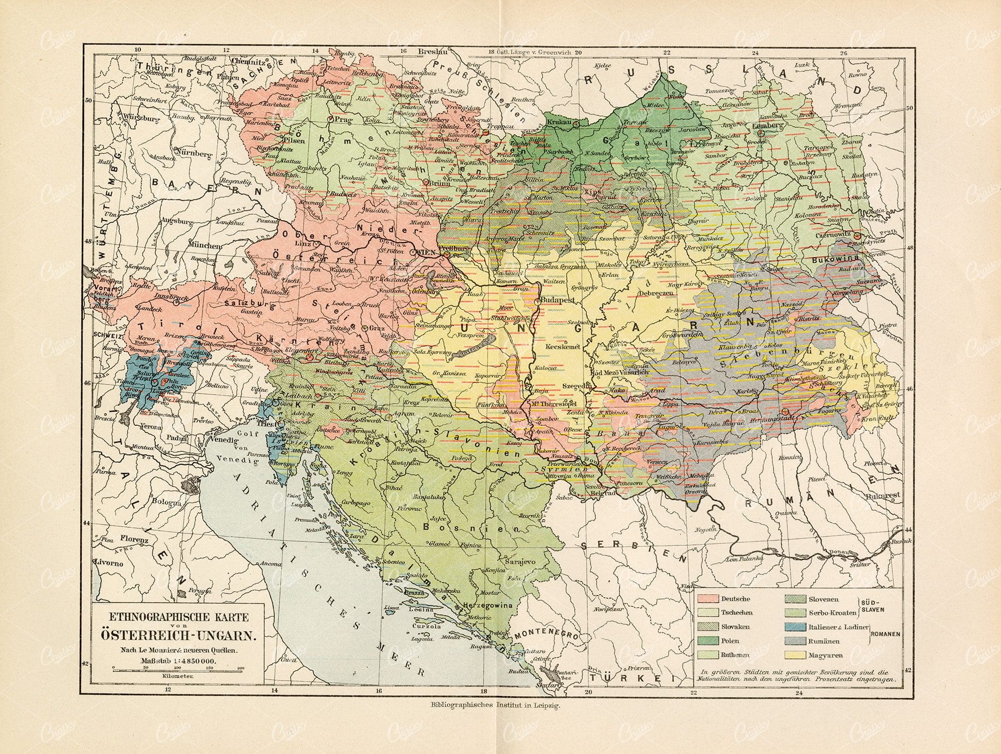 ANTIQUE Map 1877 - Ethnographic map of Austria-Hungary