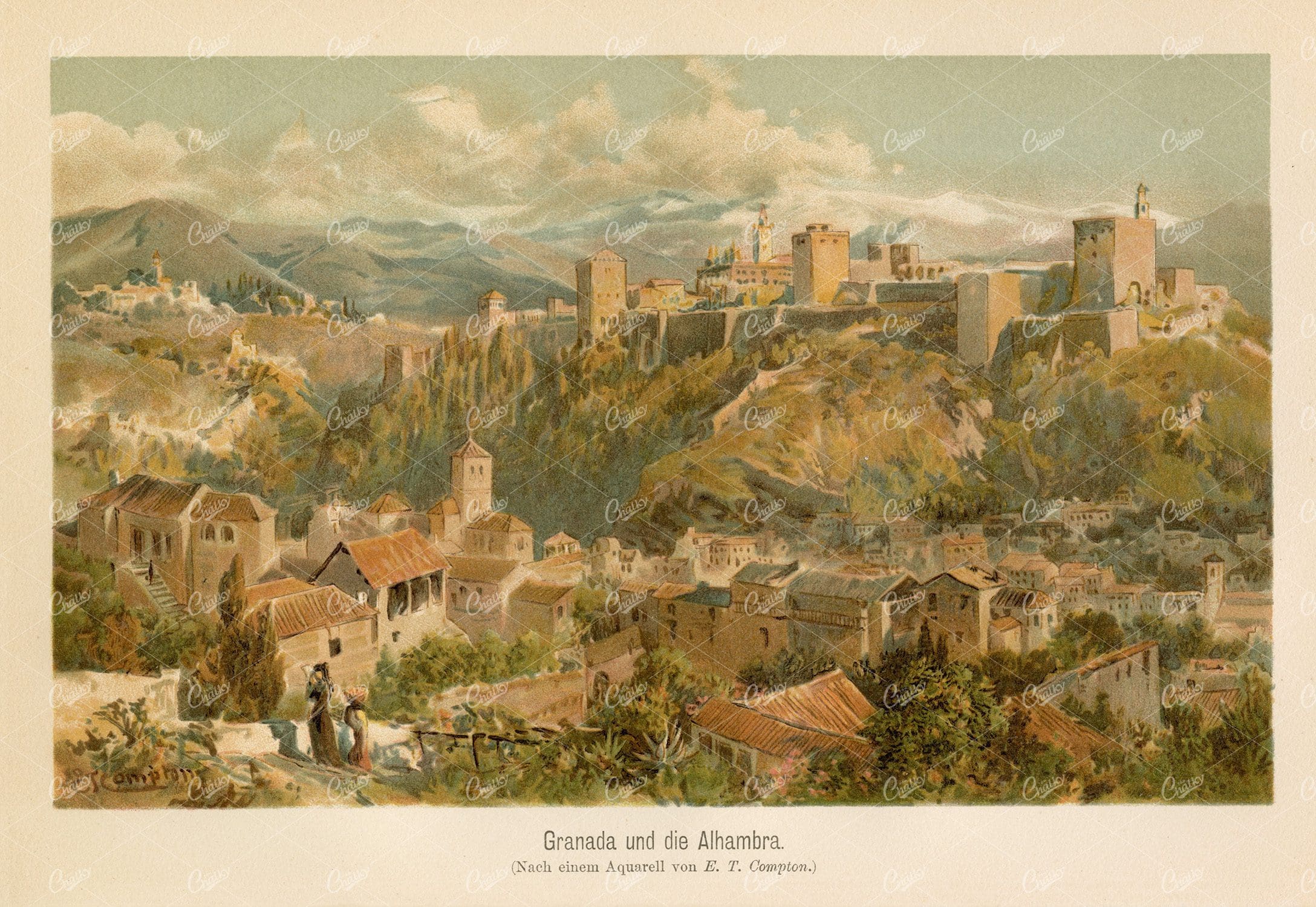 ALHAMBRA in Spain - Vintage German Coloured Print