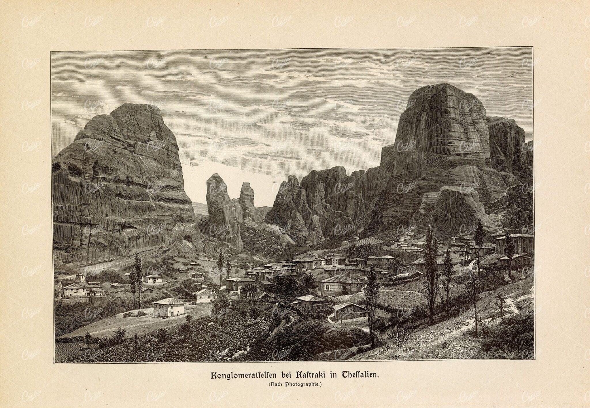 VINTAGE German Landscape Print - Antique 1877