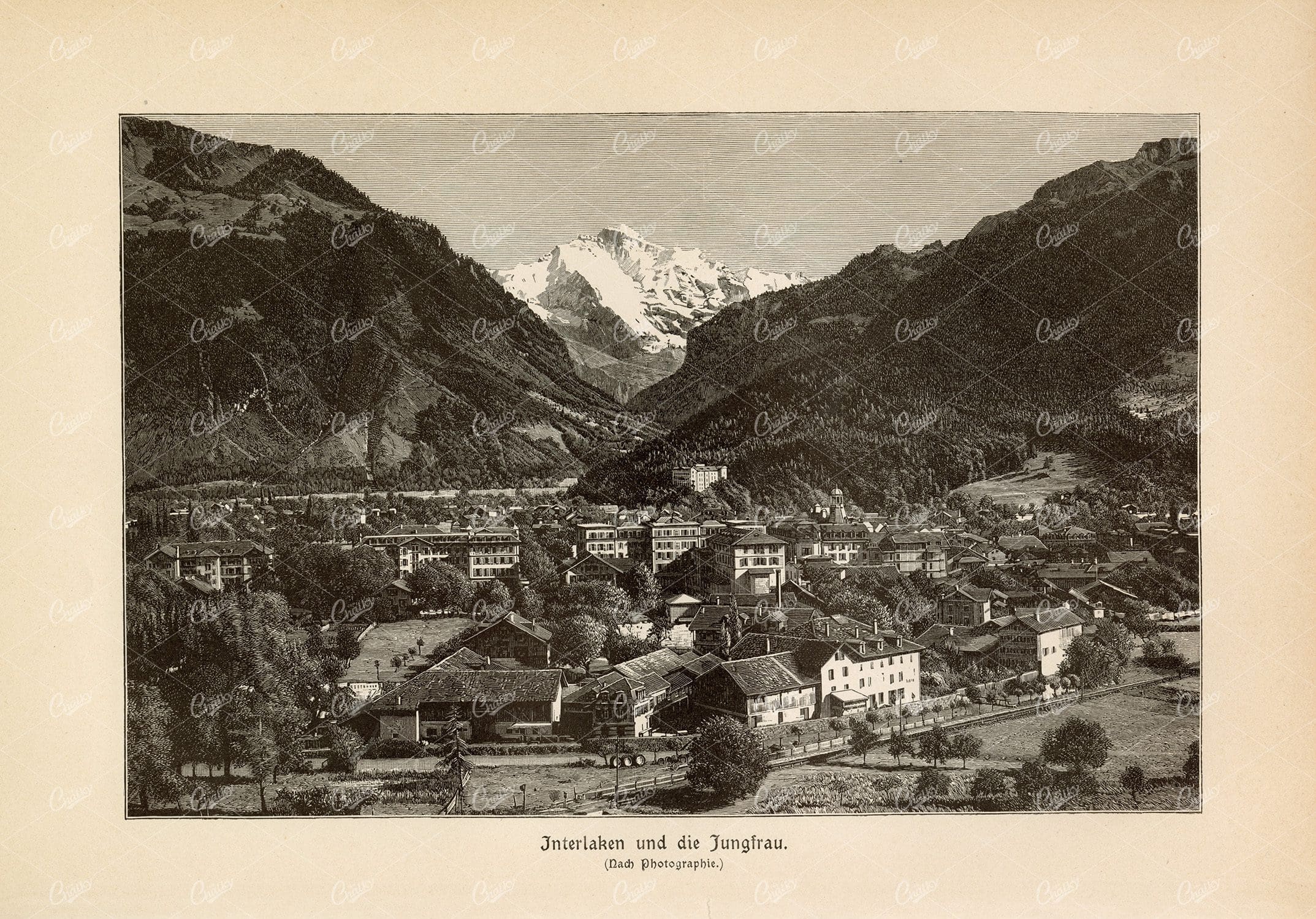 INTERLAKEN in Switzerland - Antique German Print 1877