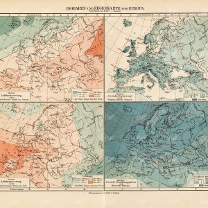 VINTAGE Isobaric and Rain Map of Europe - Antique Print 1800's