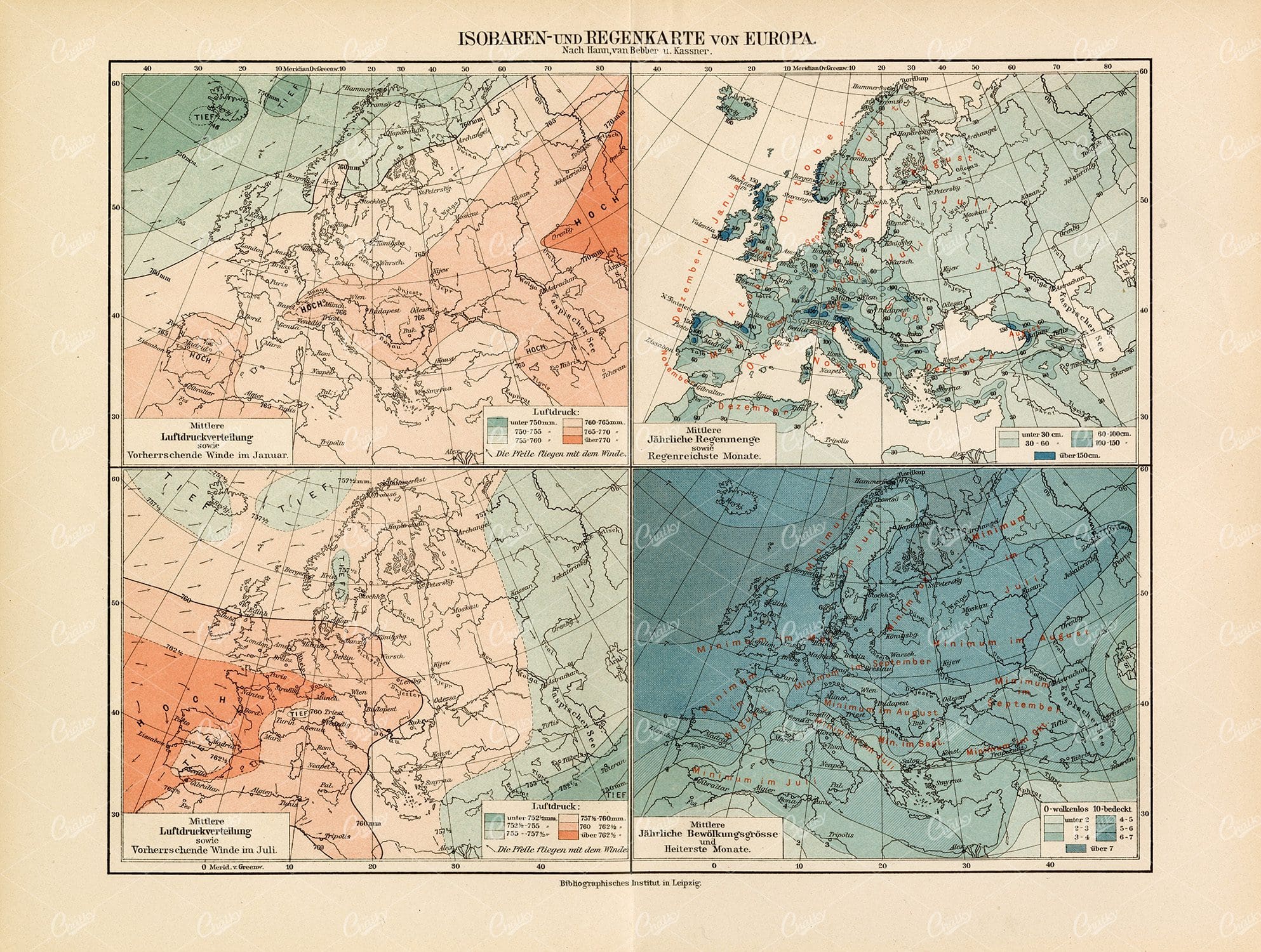 VINTAGE Isobaric and Rain Map of Europe - Antique Print 1800's