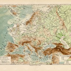 ANTIQUE Map of Europe - Vintage German Coloured Print 1800's