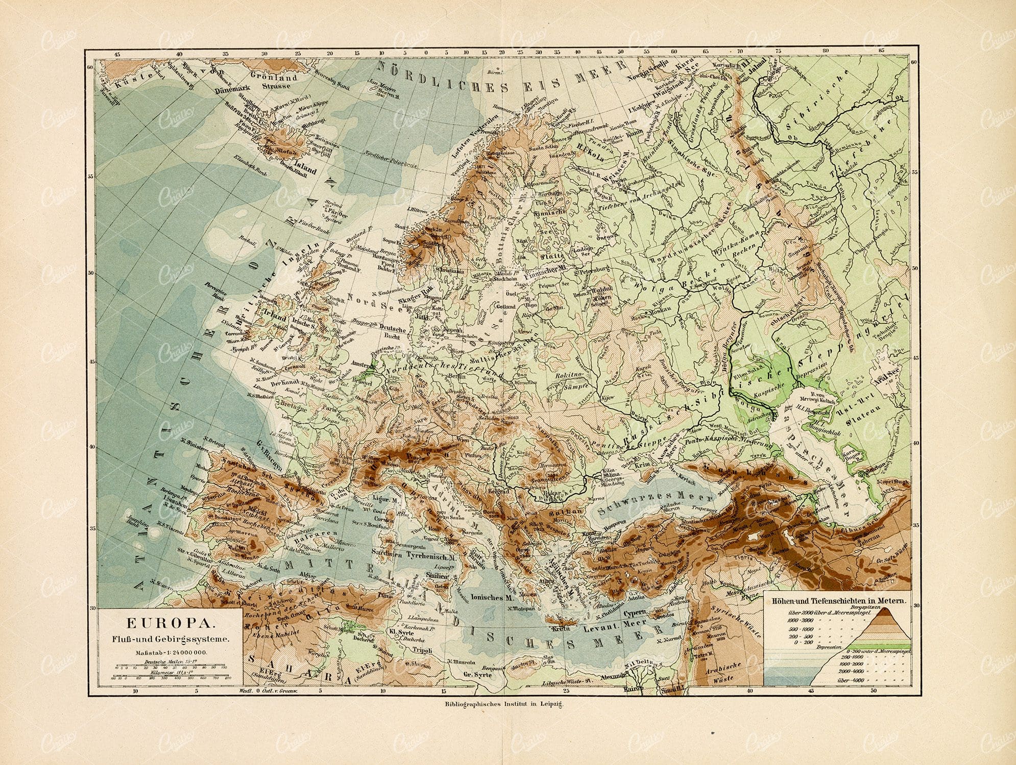 ANTIQUE Map of Europe - Vintage German Coloured Print 1800's