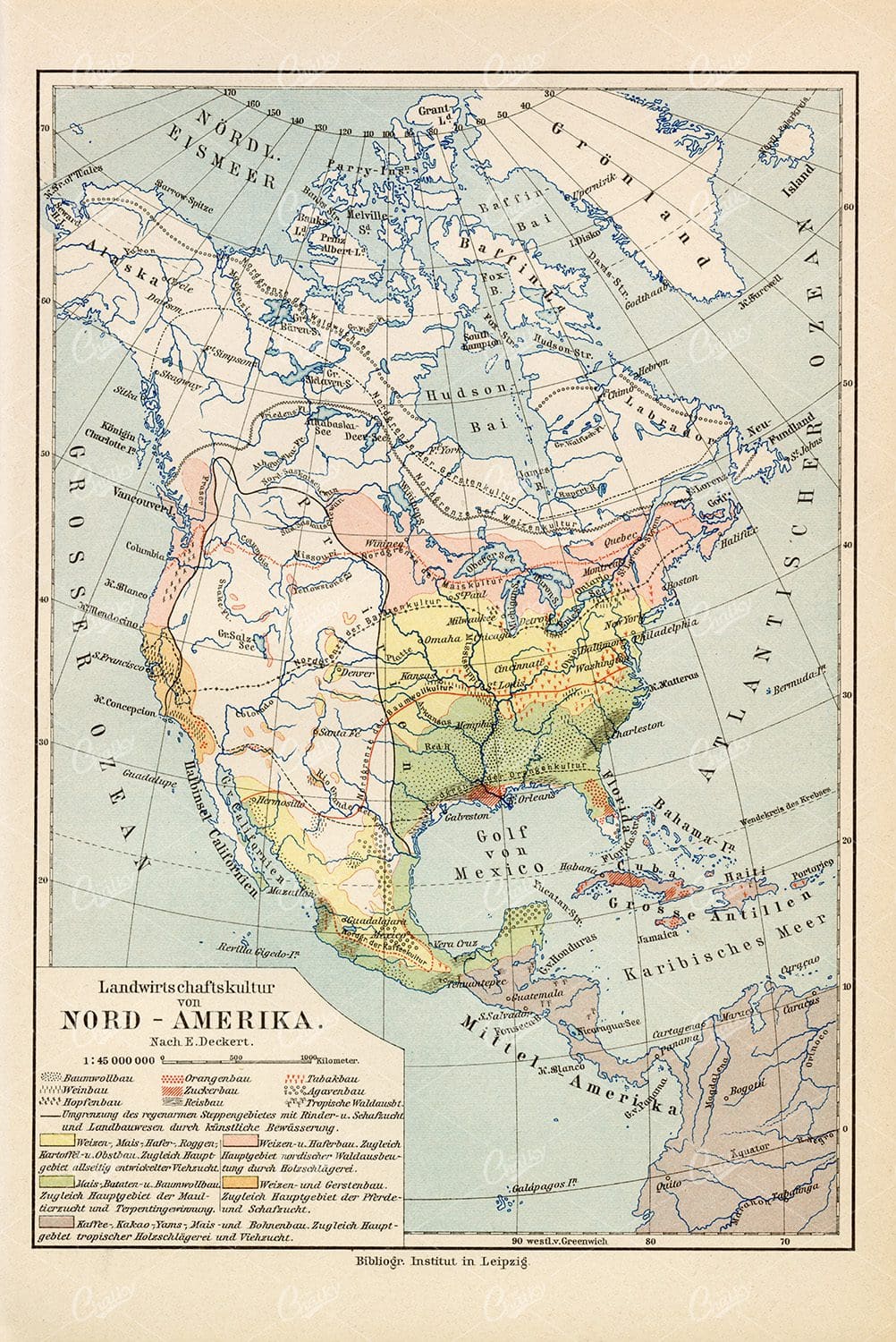 VINTAGE Map of North America - Antique German Print 1877
