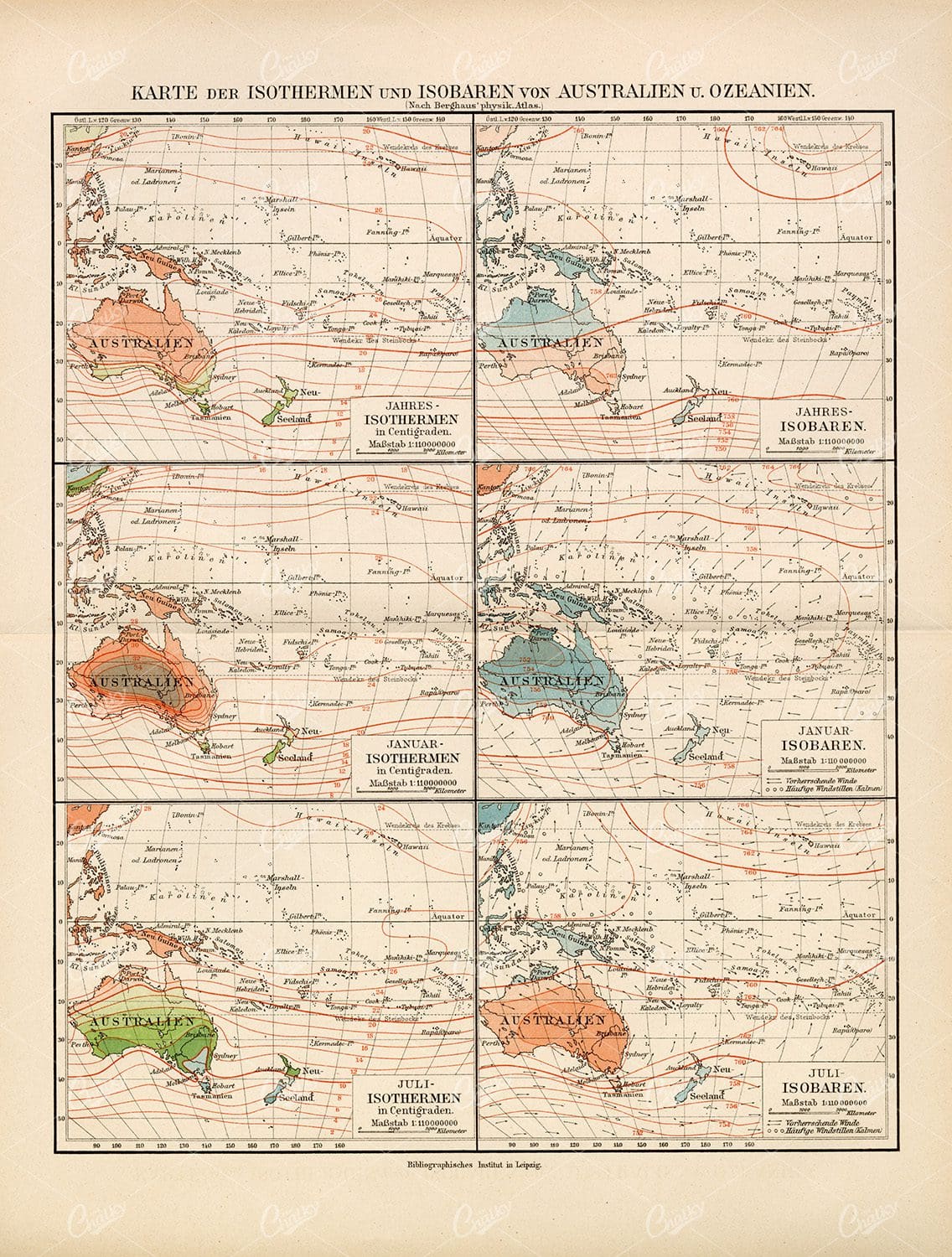 Map of the Isotherms and Isobars of Australia and Oceania - 1877