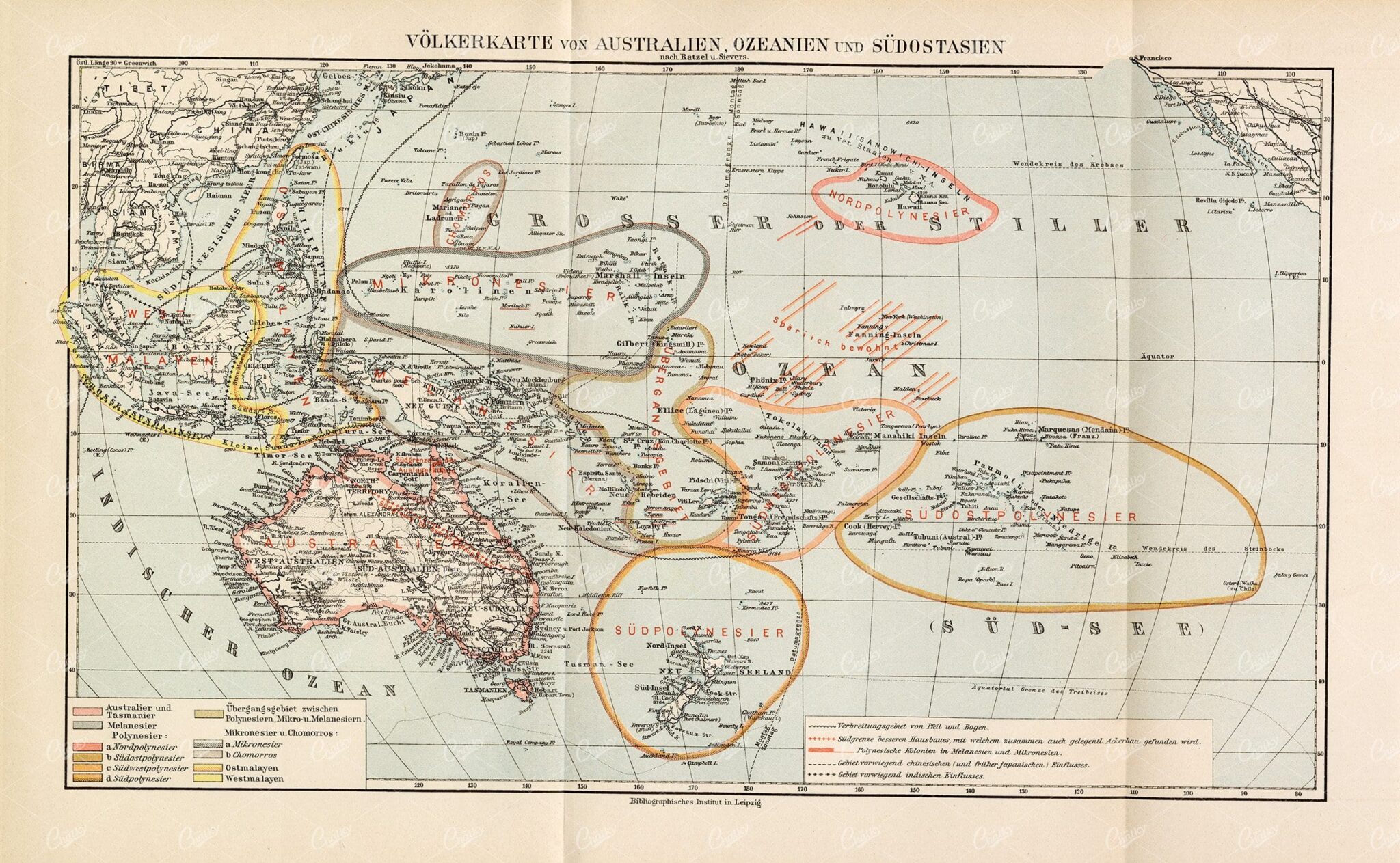 ANTIQUE Population Map of Australia, Oceania and Southeast Asia