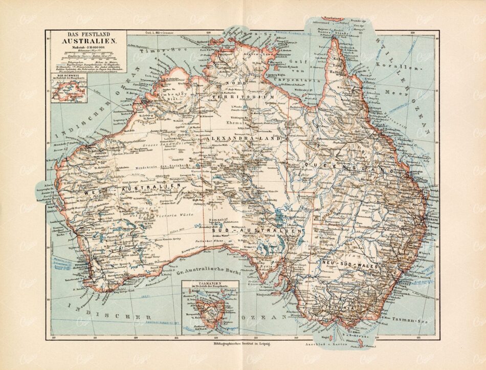 VINTAGE 1877 Map - Mainland Australia - Antique German Print