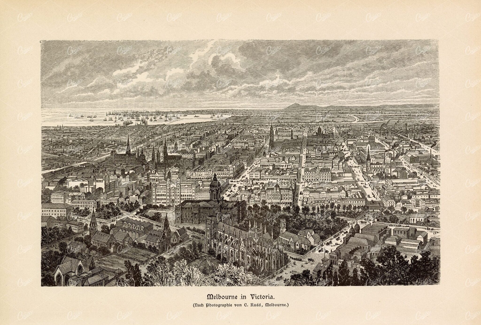 ANTIQUE 1877 Print - Melbourne in Victoria