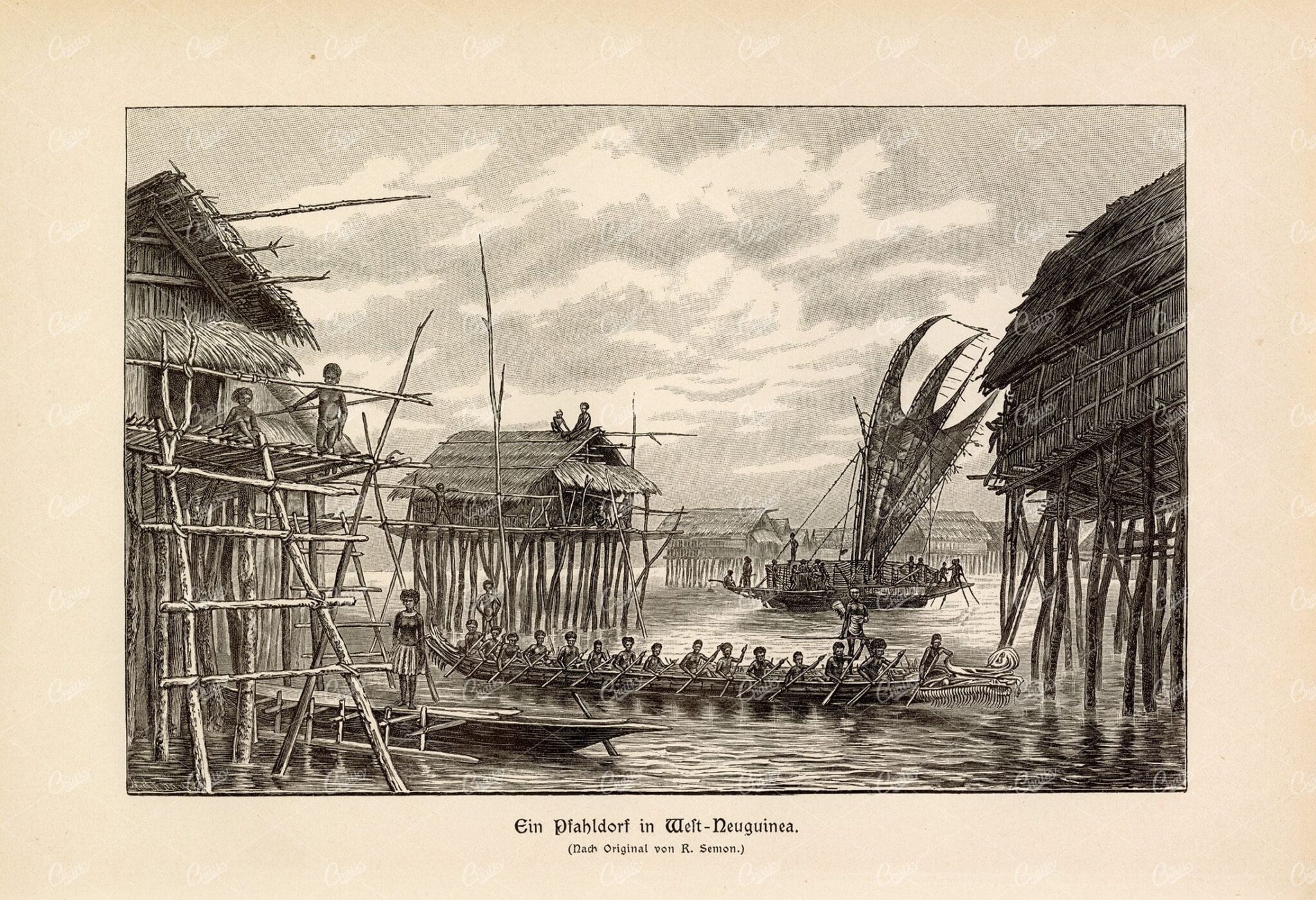 VINTAGE German Print 1877 - A Stilt Village in New Guinea
