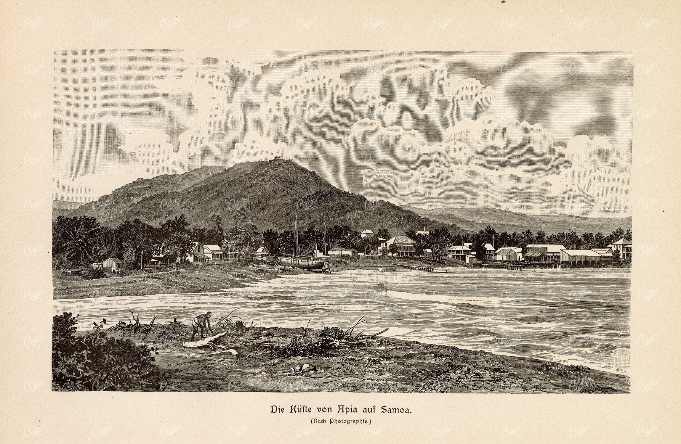ANTIQUE Print of Apia in Samoa - Vintage German Print 1877
