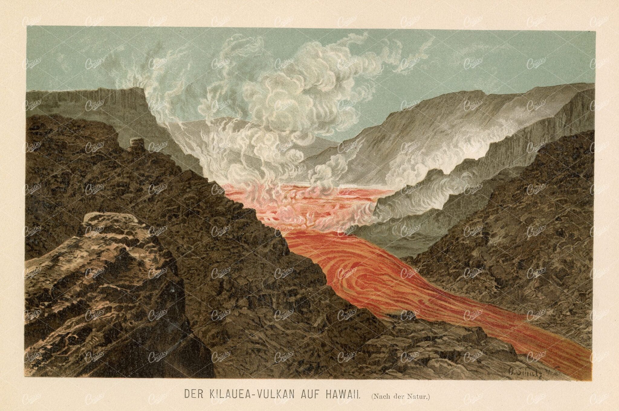 ANTIQUE Print 1877 - Kilauea Volcano in Hawaii
