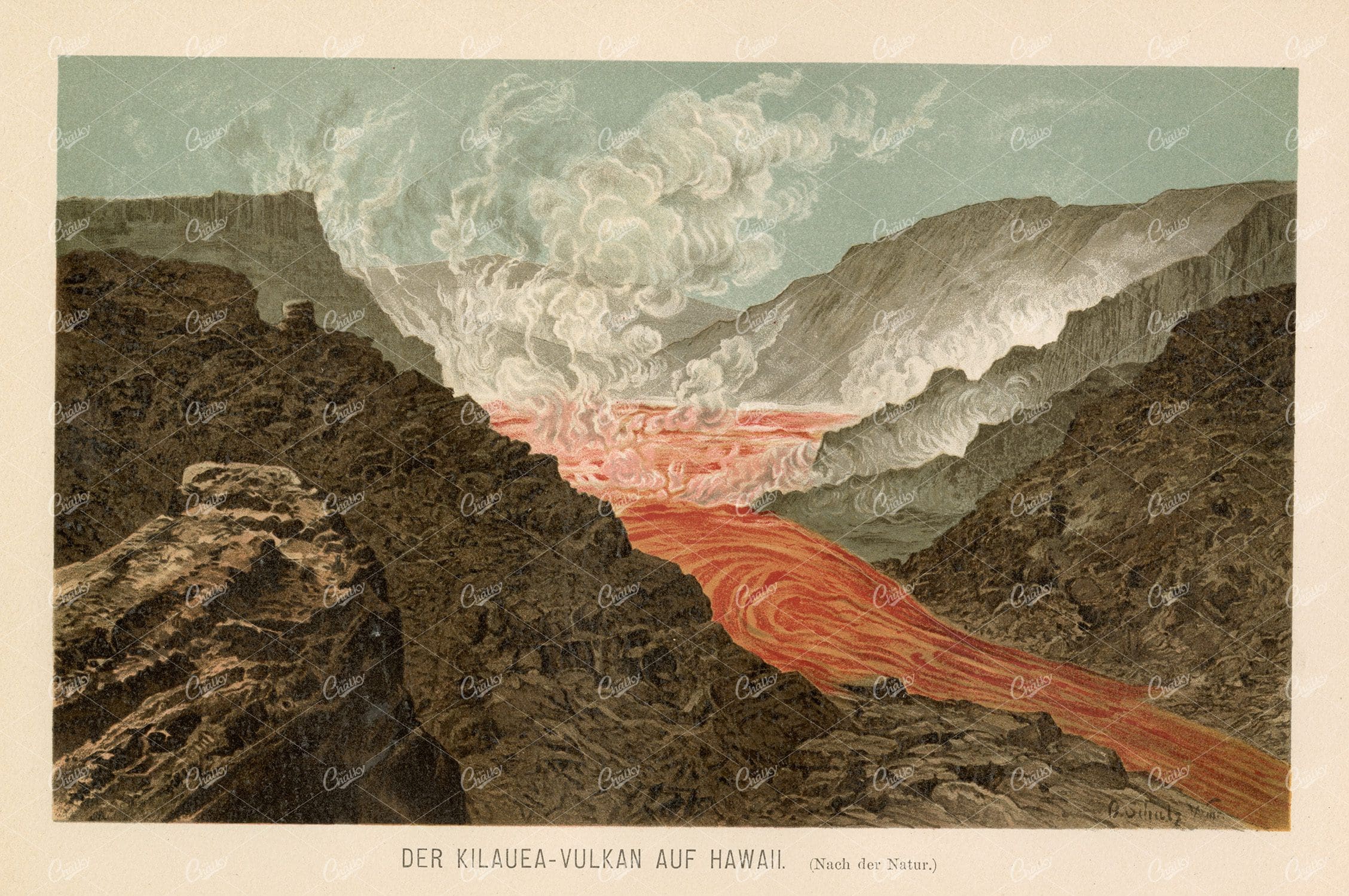 ANTIQUE Print 1877 - Kilauea Volcano in Hawaii