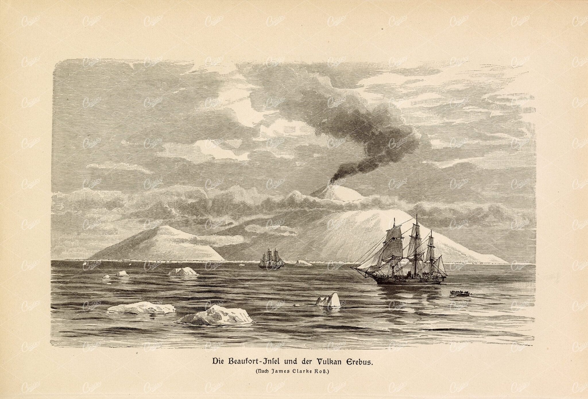 MOUNT EREBUS, Antarctica - Antique German Print 1877