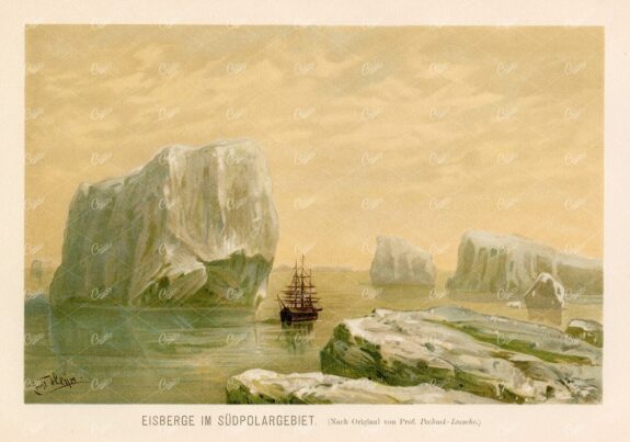 VINTAGE Colour Print of Icebergs in the South Polar Region - 1877