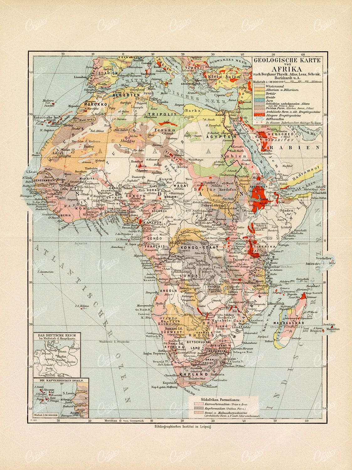 ANTIQUE 1877 German Print - Geological Map of Africa