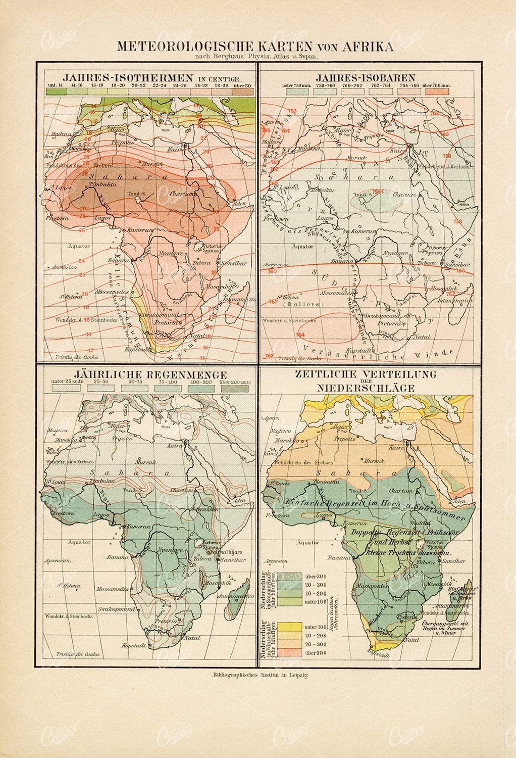 Meteorological Maps of Africa - Vintage German Print