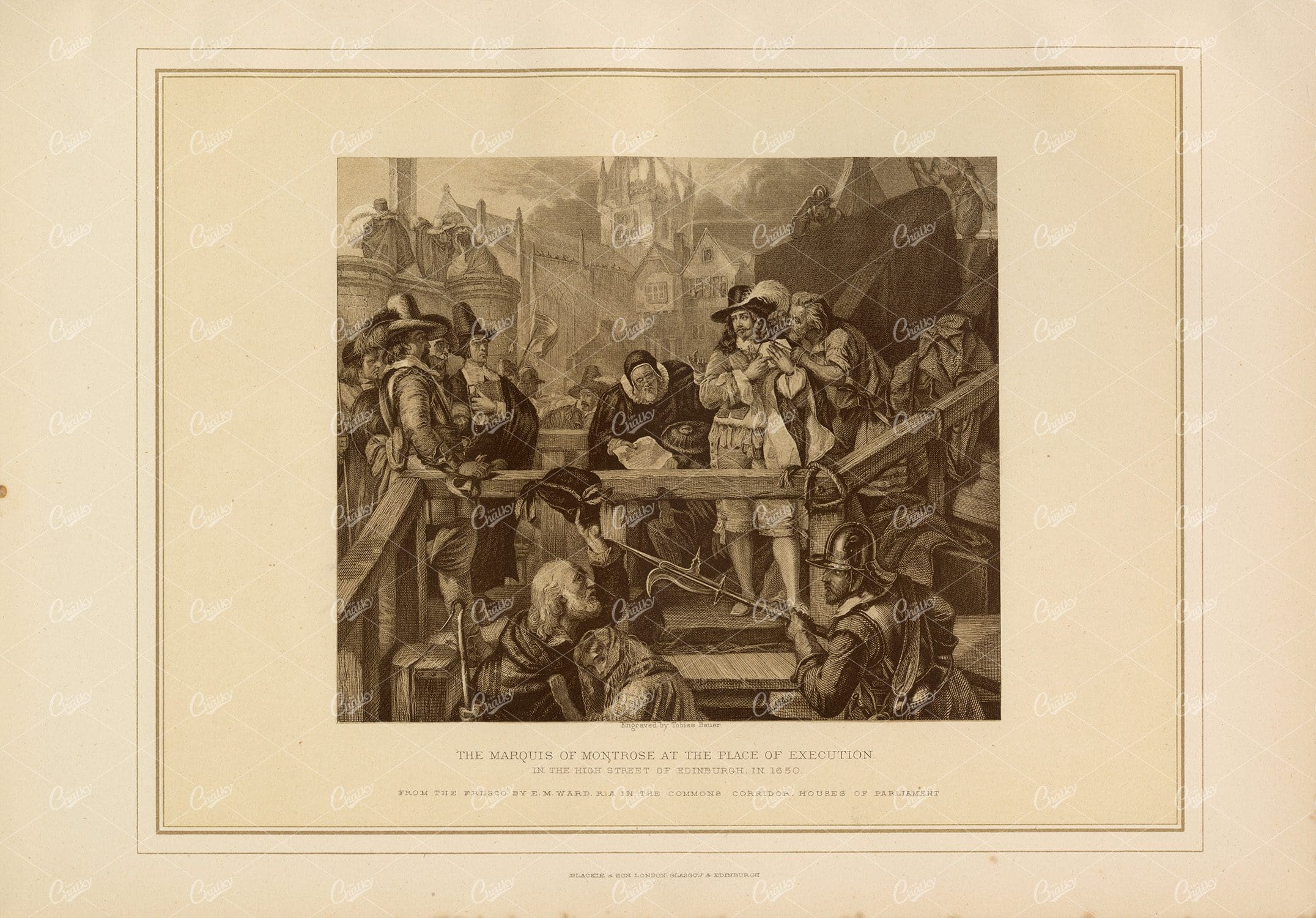 ANTIQUE 1880's Print - The Marquis of Montrose at the Palace of Execution