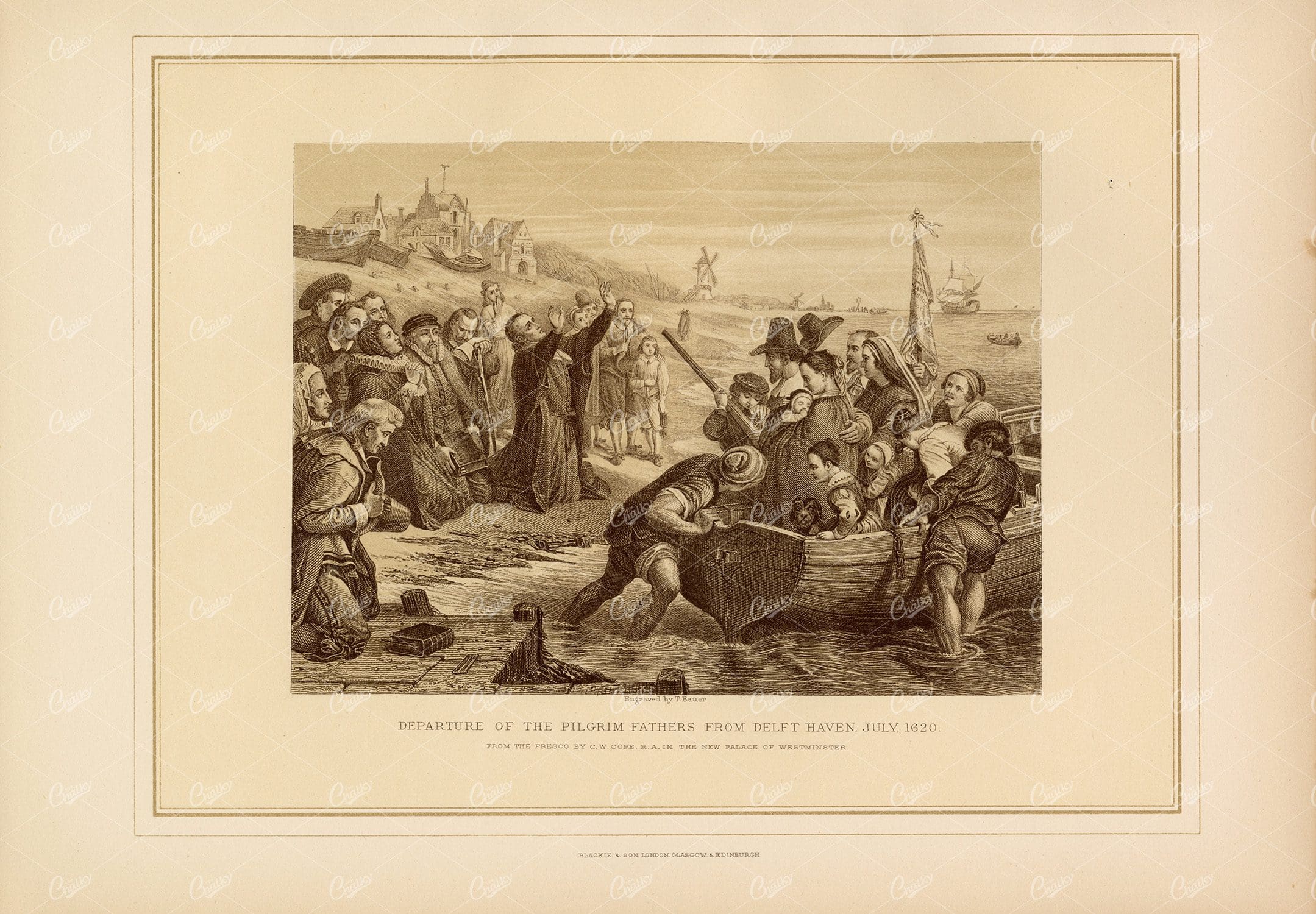 VINTAGE Historical Print - Departure of the Pilgrim Fathers
