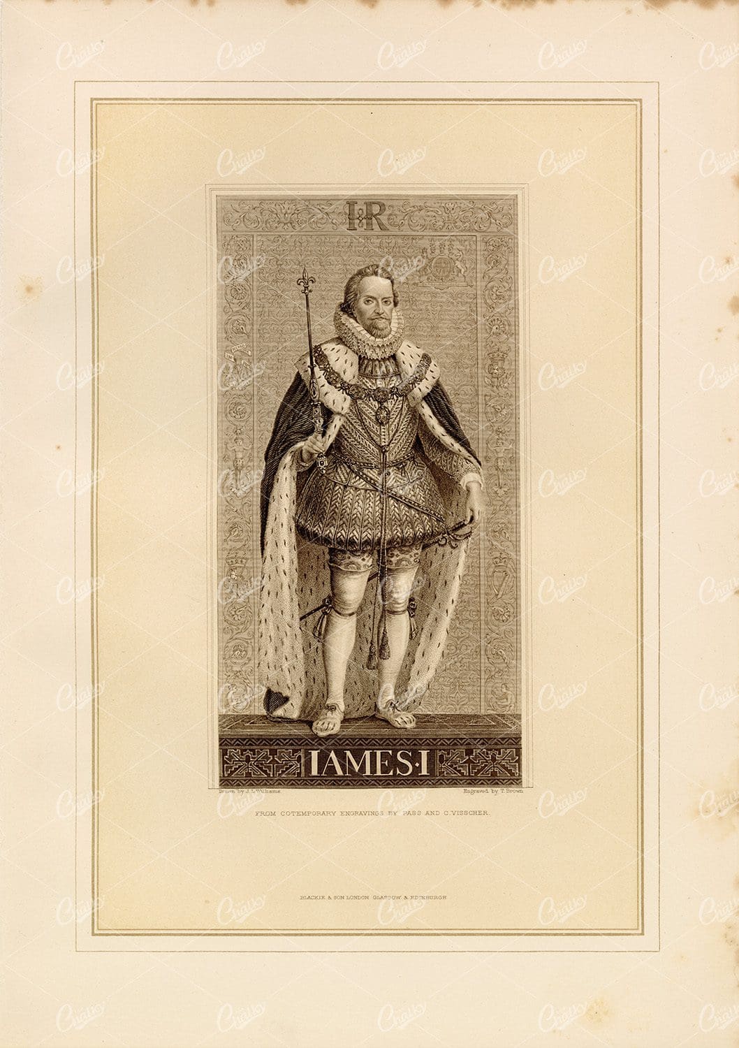 ANTIQUE Engraving of James I - Vintage 1800's Print