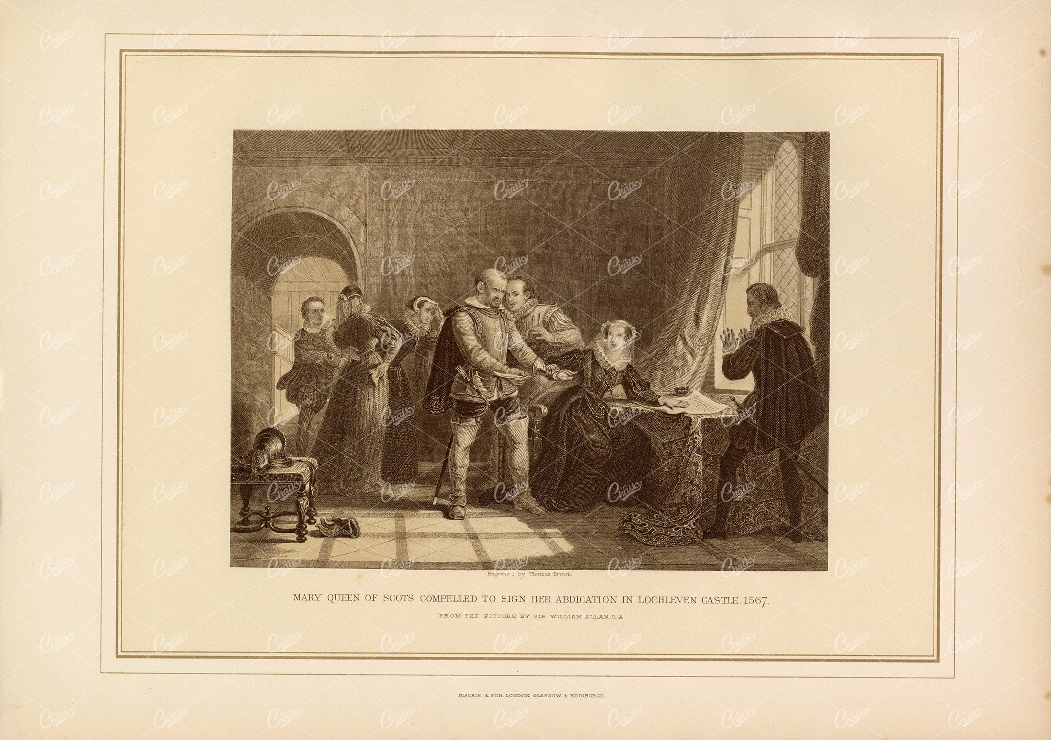 VINTAGE Print - Mary Queen Of Scots Compelled to Sign Her Abdication