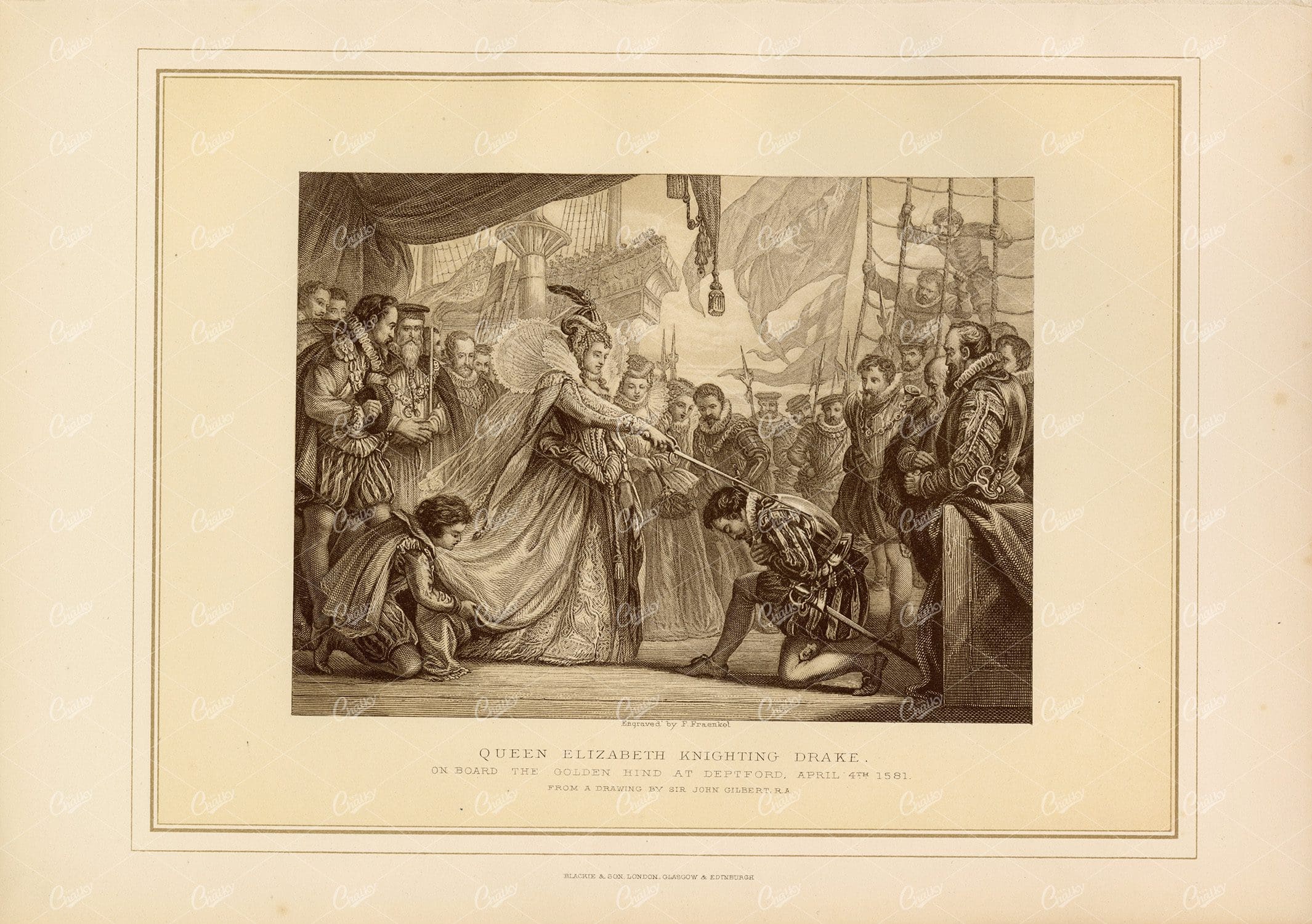 ANTIQUE 1800's Print - Queen Elizabeth Knighting Drake
