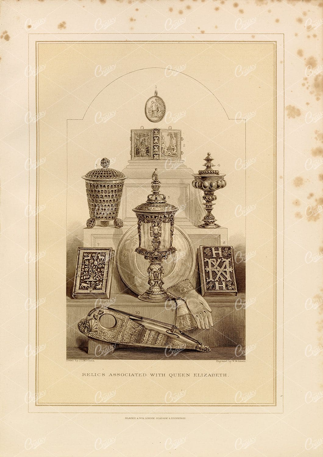 VINTAGE Engraving Showing the Relics Associated with Queen Elizabeth
