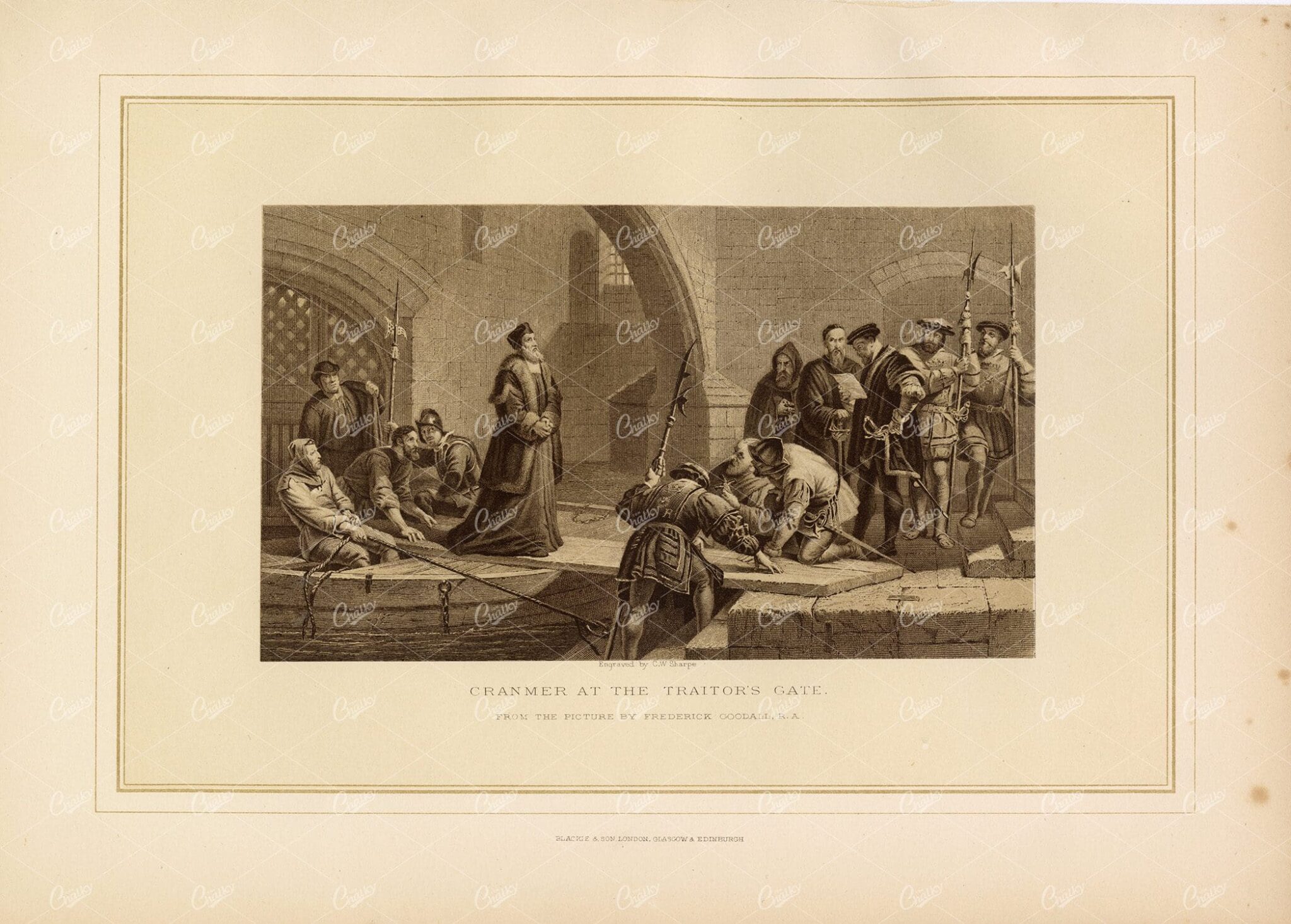 ANTIQUE 1800's Print - Cranmer at the Traitor's Gate