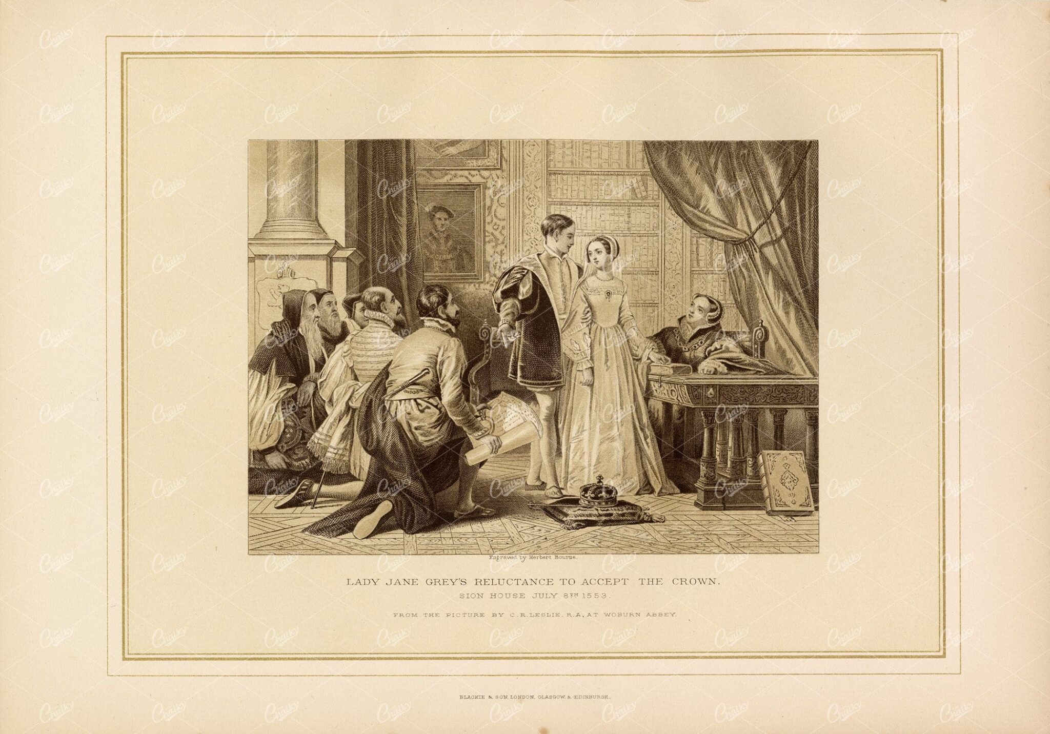 1800's Antique Print - Lady Jane Grey's Reluctance to Accept the Crown