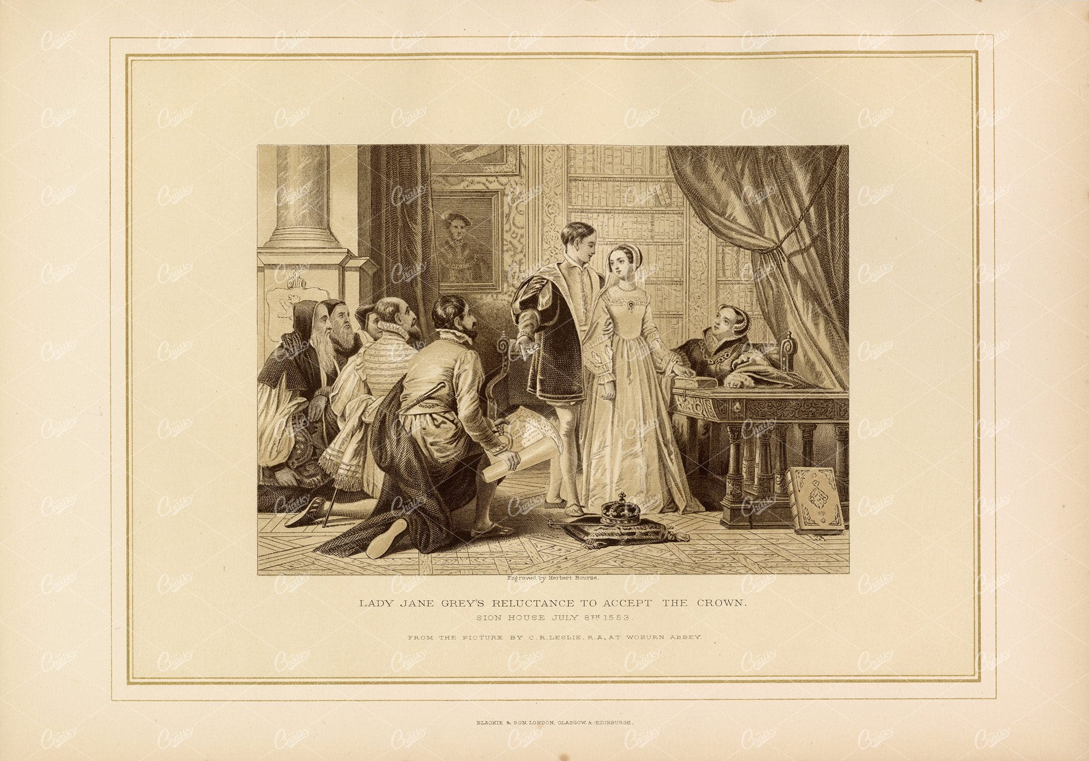 1800's Antique Print - Lady Jane Grey's Reluctance to Accept the Crown