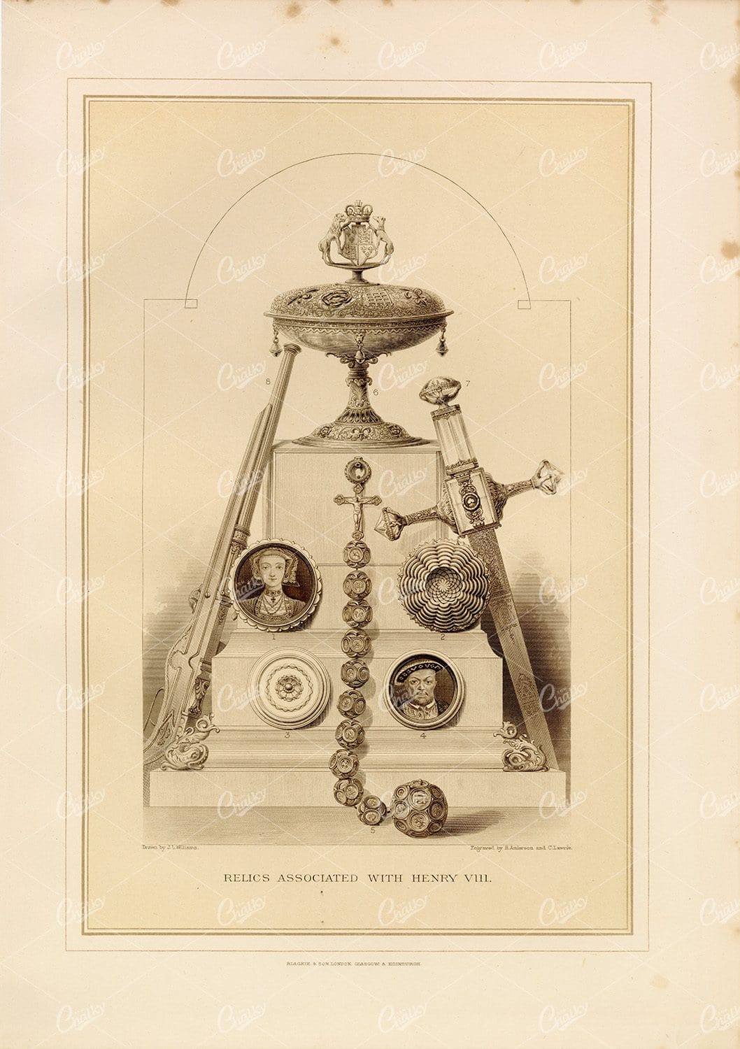 VINTAGE Print Showing the Relics Associated with Henry VIII